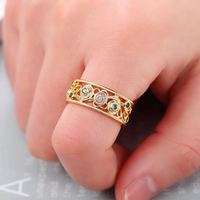 ENDLESSNESS & ETERNITY Court Style Blue and White Cubic Zirconia Wedding Band Ring Stackable Statement Promise Proposal Band Ring for Women
