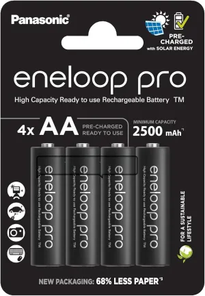 eneloop Panasonic pro | Ready-to-Use Ni-MH Batteries, AA/Mignon, 4 Pieces Included, min. 2500 mAh, 500 Charging Cycles, Low self-Discharge in The Package Without Plastics, Black