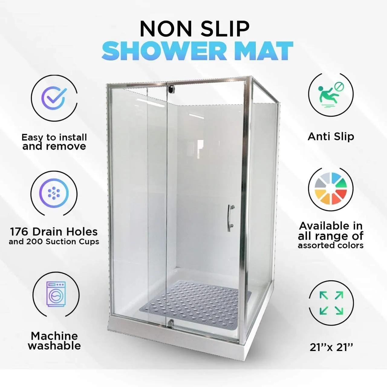 ENKOSI 21 x 21 inch Square Non-Slip Shower Mat – Anti-Slip Shower Mats for Inside Shower – Secure Grip for Shower Stall Floors – Quick-Dry with Drain Holes(21x21 Black)