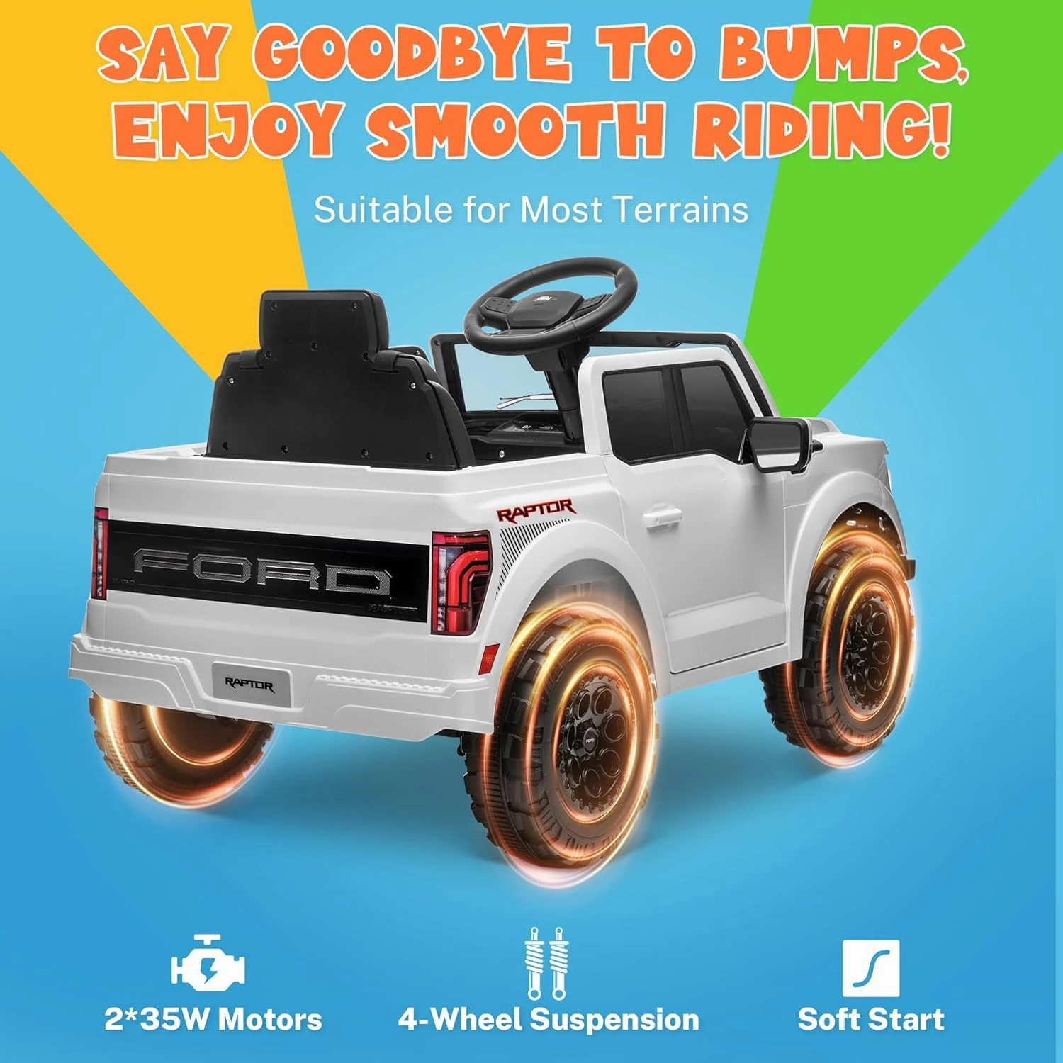 ENYOPRO 12V Licensed Ford F-150 Raptor Electric Car for Kids, Toddler Ride On Truck w/Remote Control, Kids Ride On Toys w/LED Lights, Bluetooth, Radio, Seat Belt, Soft Start, Rear Storage (White)