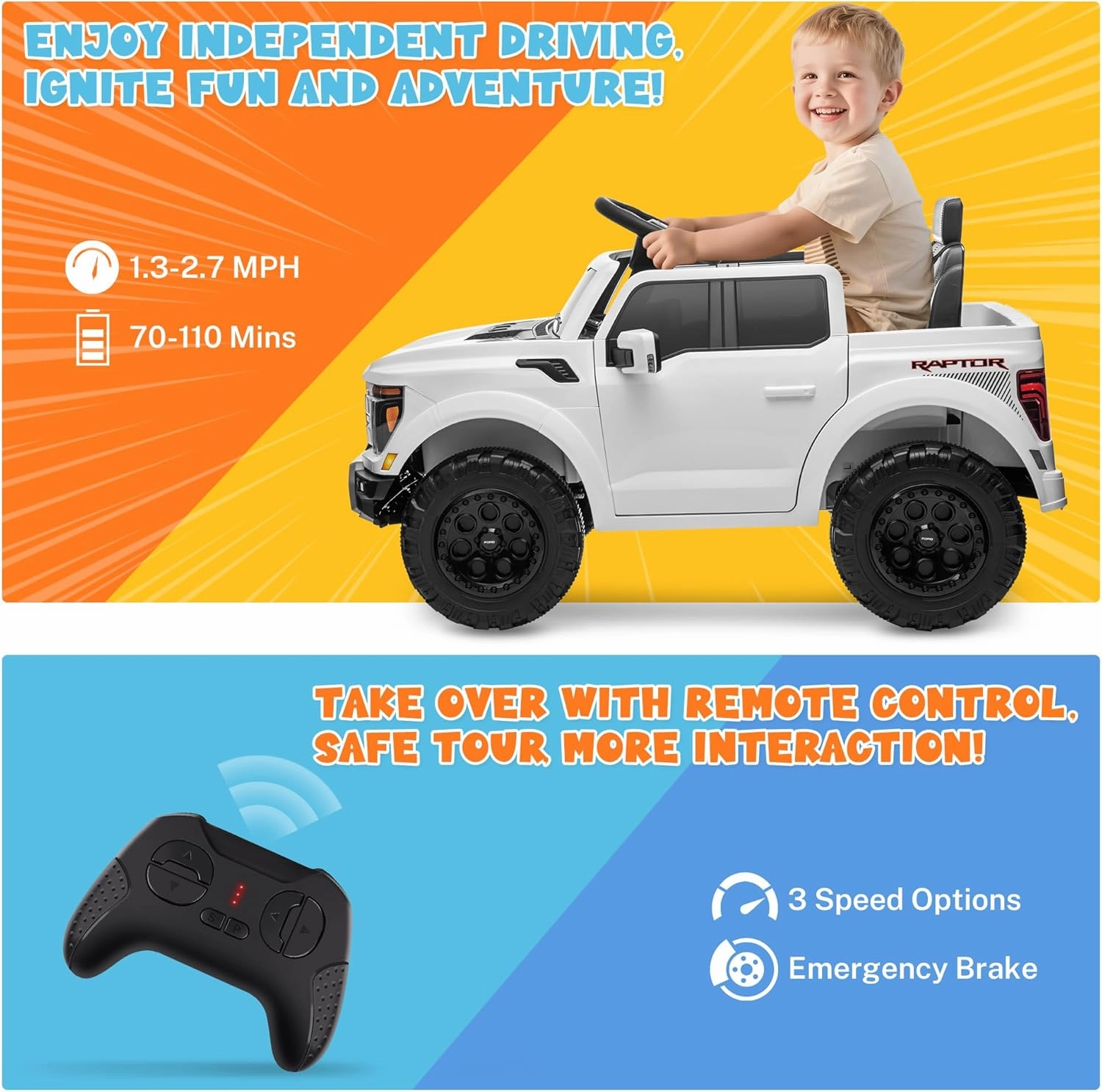 ENYOPRO 12V Licensed Ford F-150 Raptor Electric Car for Kids, Toddler Ride On Truck w/Remote Control, Kids Ride On Toys w/LED Lights, Bluetooth, Radio, Seat Belt, Soft Start, Rear Storage (White)