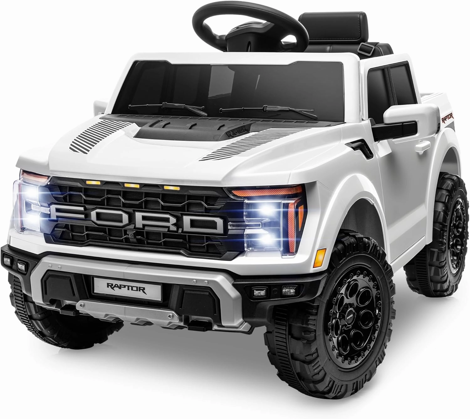 ENYOPRO 12V Licensed Ford F-150 Raptor Electric Car for Kids, Toddler Ride On Truck w/Remote Control, Kids Ride On Toys w/LED Lights, Bluetooth, Radio, Seat Belt, Soft Start, Rear Storage (White)