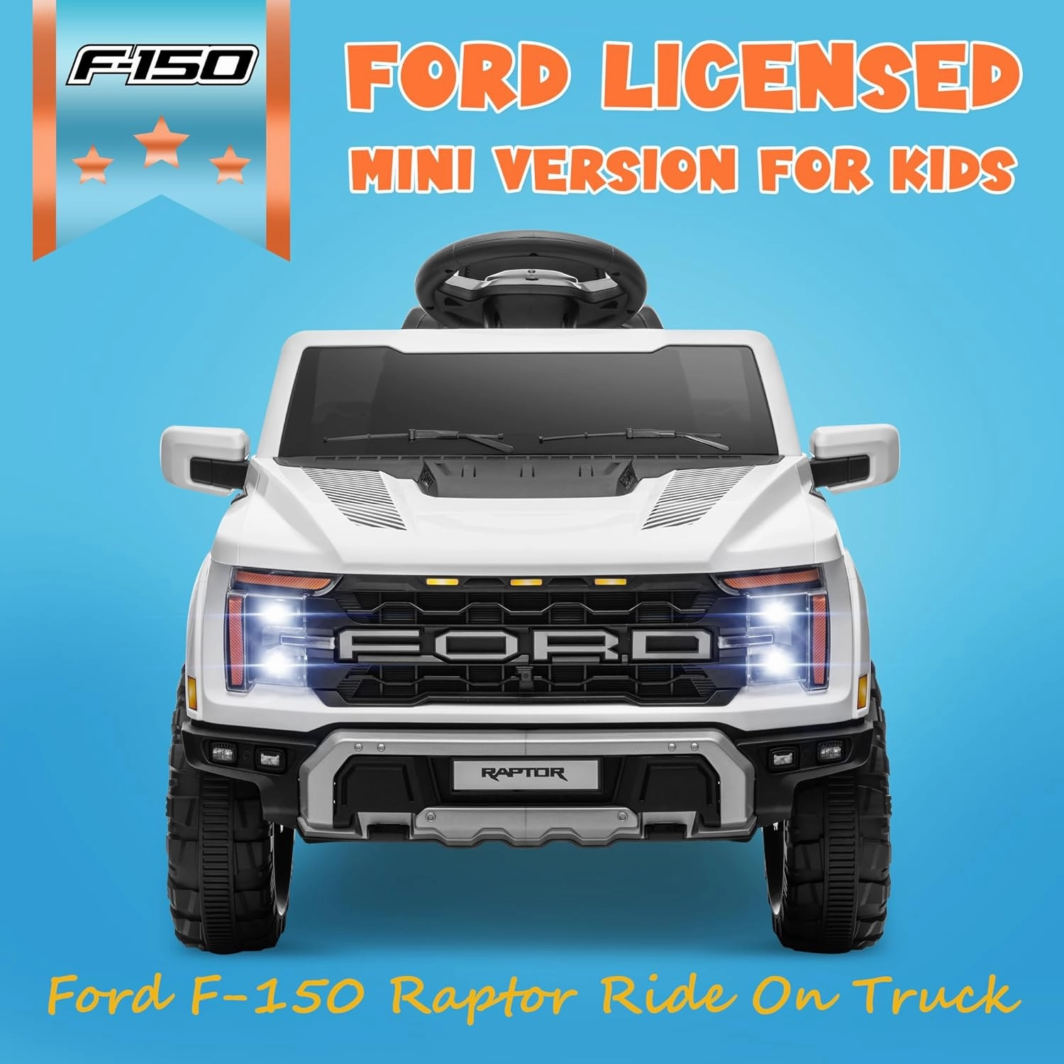 ENYOPRO 12V Licensed Ford F-150 Raptor Electric Car for Kids, Toddler Ride On Truck w/Remote Control, Kids Ride On Toys w/LED Lights, Bluetooth, Radio, Seat Belt, Soft Start, Rear Storage (White)