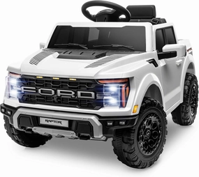 ENYOPRO 12V Licensed Ford F-150 Raptor Electric Car for Kids, Toddler Ride On Truck w/Remote Control, Kids Ride On Toys w/LED Lights, Bluetooth, Radio, Seat Belt, Soft Start, Rear Storage (White)