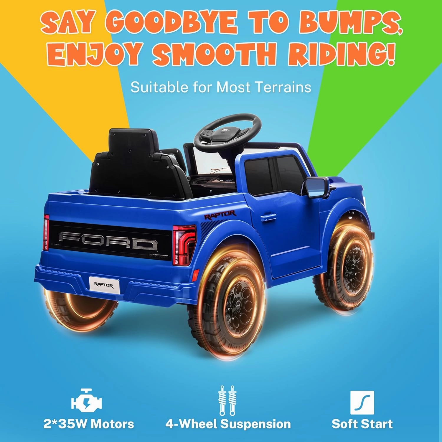 ENYOPRO 12V Licensed Ford F-150 Raptor Toddler Ride On Car w/Remote Control, Battery Powered Kids Electric Car w/LED Lights, Bluetooth, Soft Start, 4-Wheel Shock Absorber, Truck Bed Storage (Blue)