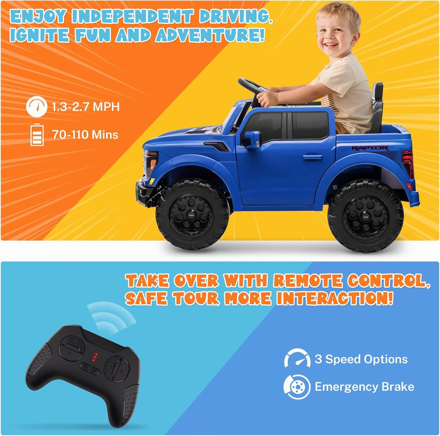 ENYOPRO 12V Licensed Ford F-150 Raptor Toddler Ride On Car w/Remote Control, Battery Powered Kids Electric Car w/LED Lights, Bluetooth, Soft Start, 4-Wheel Shock Absorber, Truck Bed Storage (Blue)
