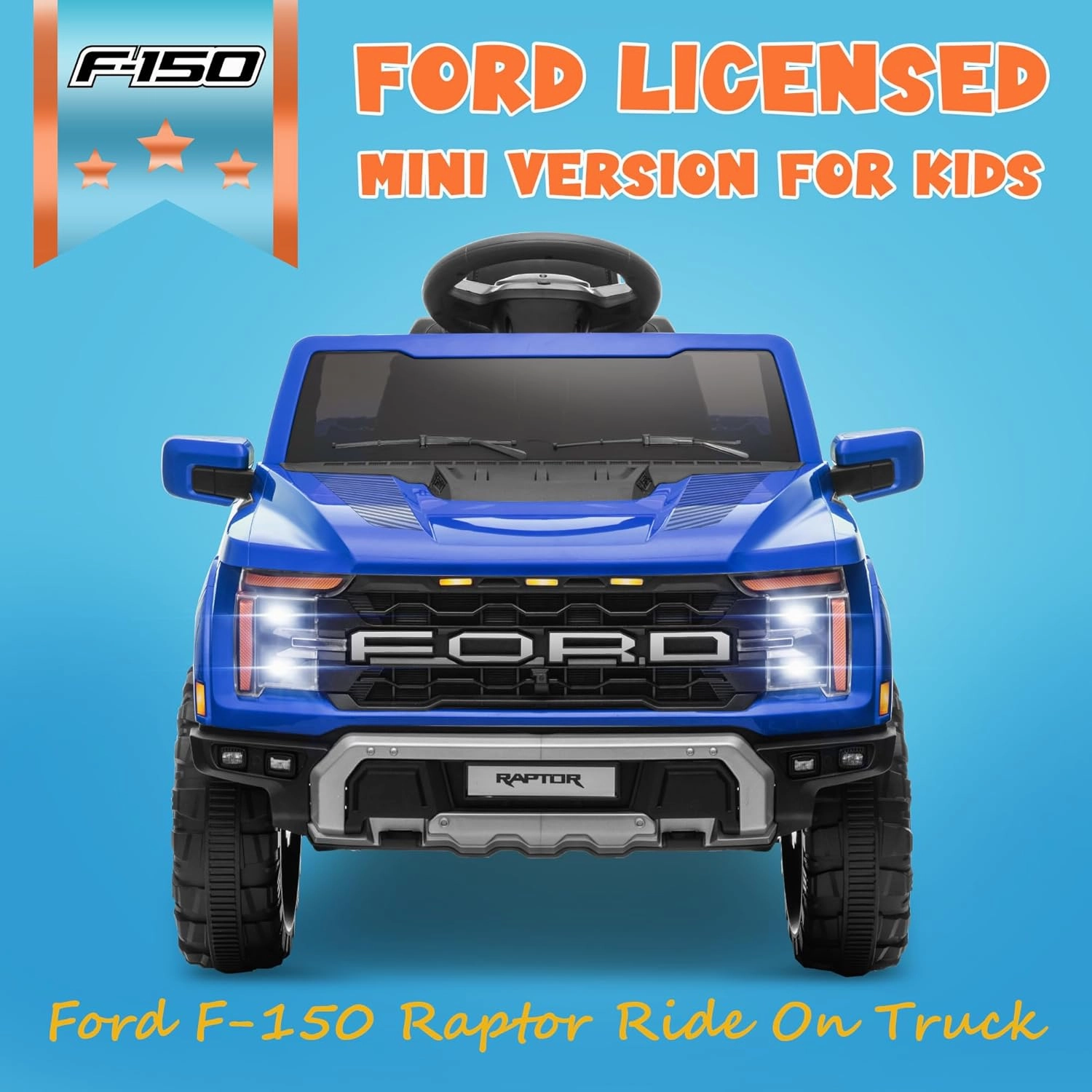 ENYOPRO 12V Licensed Ford F-150 Raptor Toddler Ride On Car w/Remote Control, Battery Powered Kids Electric Car w/LED Lights, Bluetooth, Soft Start, 4-Wheel Shock Absorber, Truck Bed Storage (Blue)