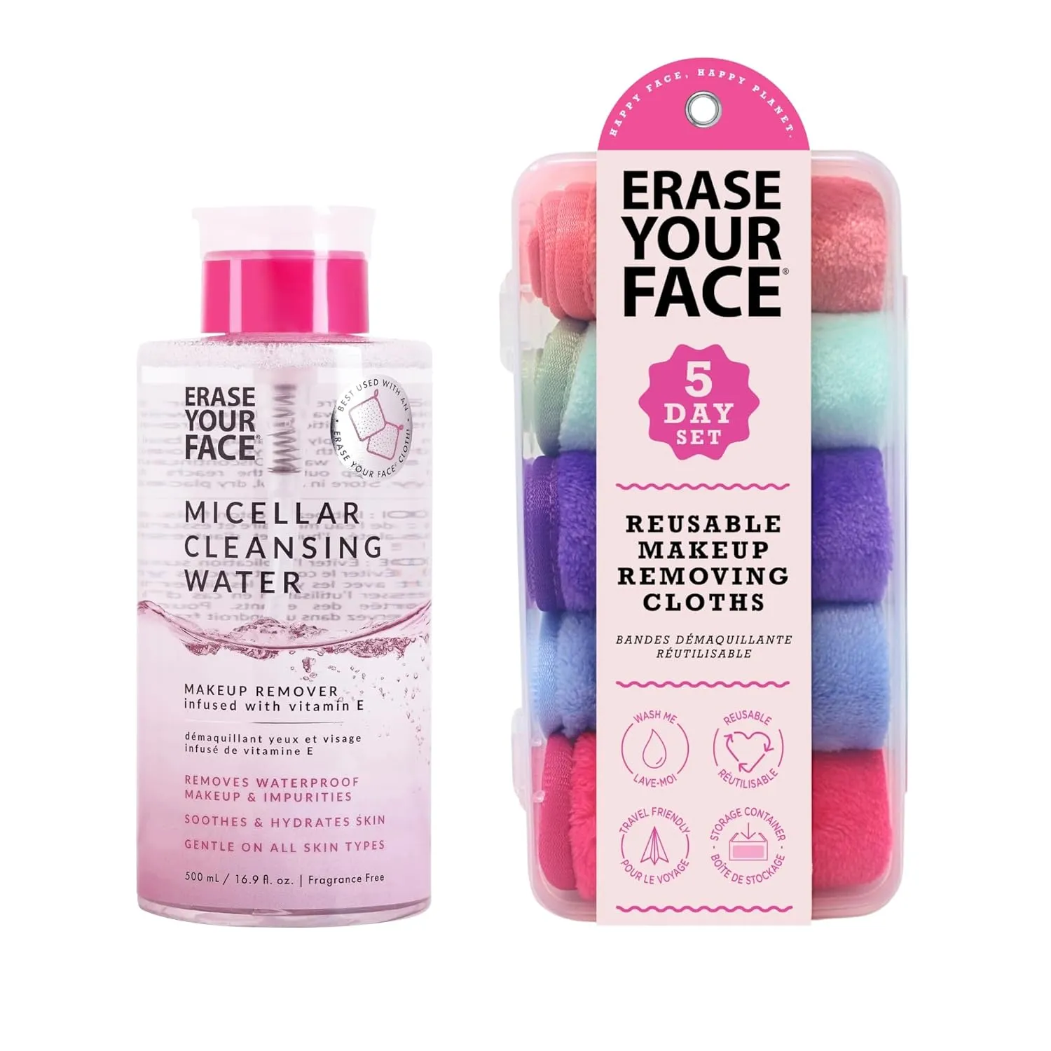 ERASE YOUR FACE Makeup Removal Kit - Reusable Microfiber Face Towels to Cleanse & Remove Makeup - Hydrating Micellar Water to Reveal a Soft, Radiant Complexion - Suitable for Sensitive Skin (2 Count)