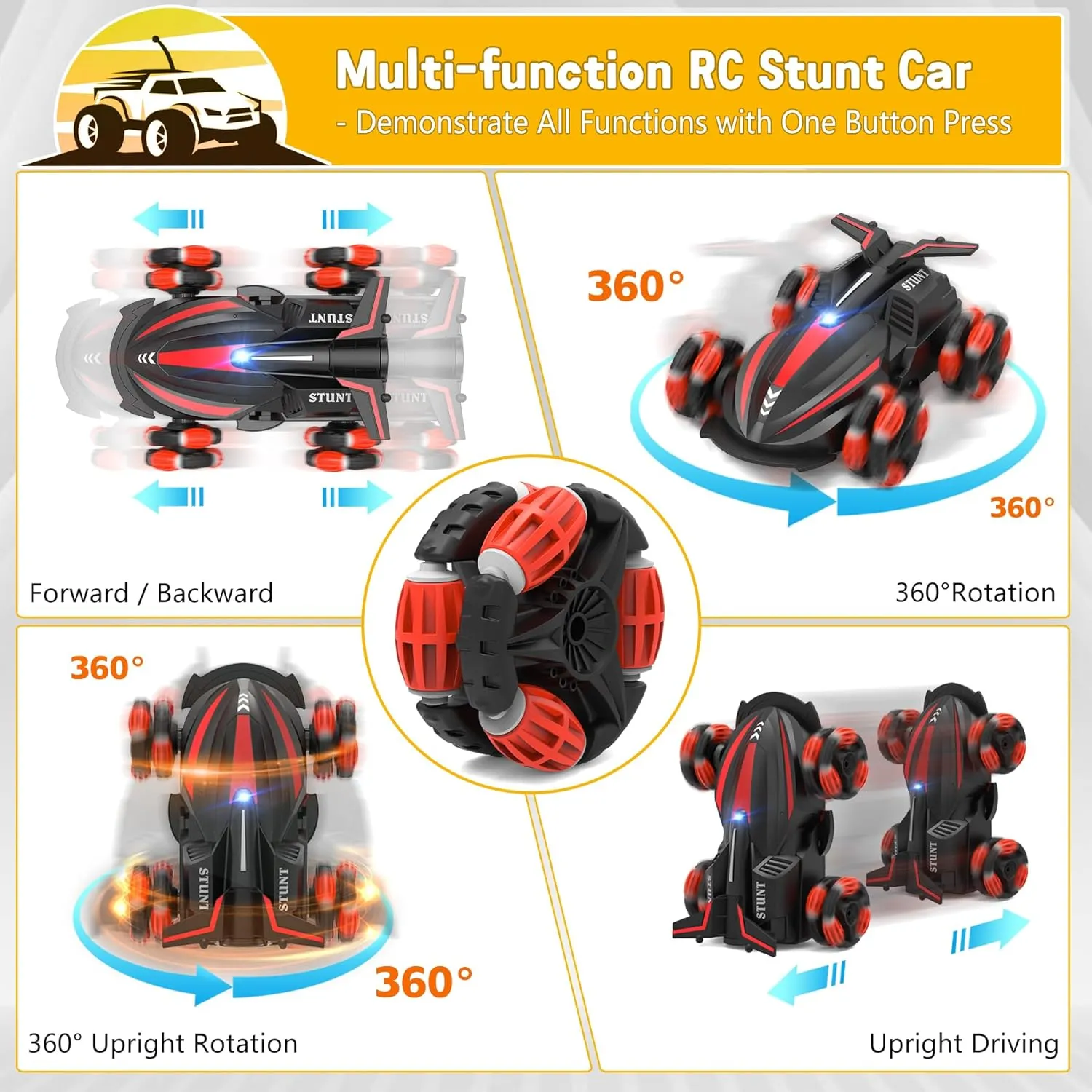 Eulogia Remote Control Stands Up Car, 2.4GHz RC Stunt Spin Car, Features 360° Rotation, Drift, Forward, Backward, All-Terrain Cars Toys for 4-10 Boys Girls, for Thanksgiving New Year（Red
