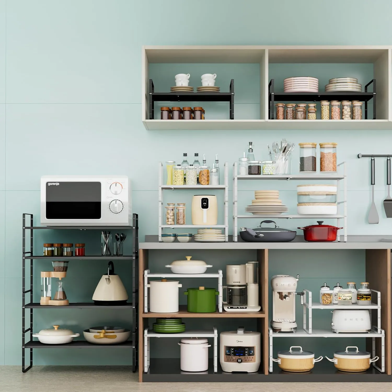 Expandable Cabinet Organizer Shelf, Adjustable Height Organizer Riser for Kitchen Cabinet Spice Rack Locker Pantry Cupboard Under Sink Countertop Desk Organization Metal Stackable Shelves