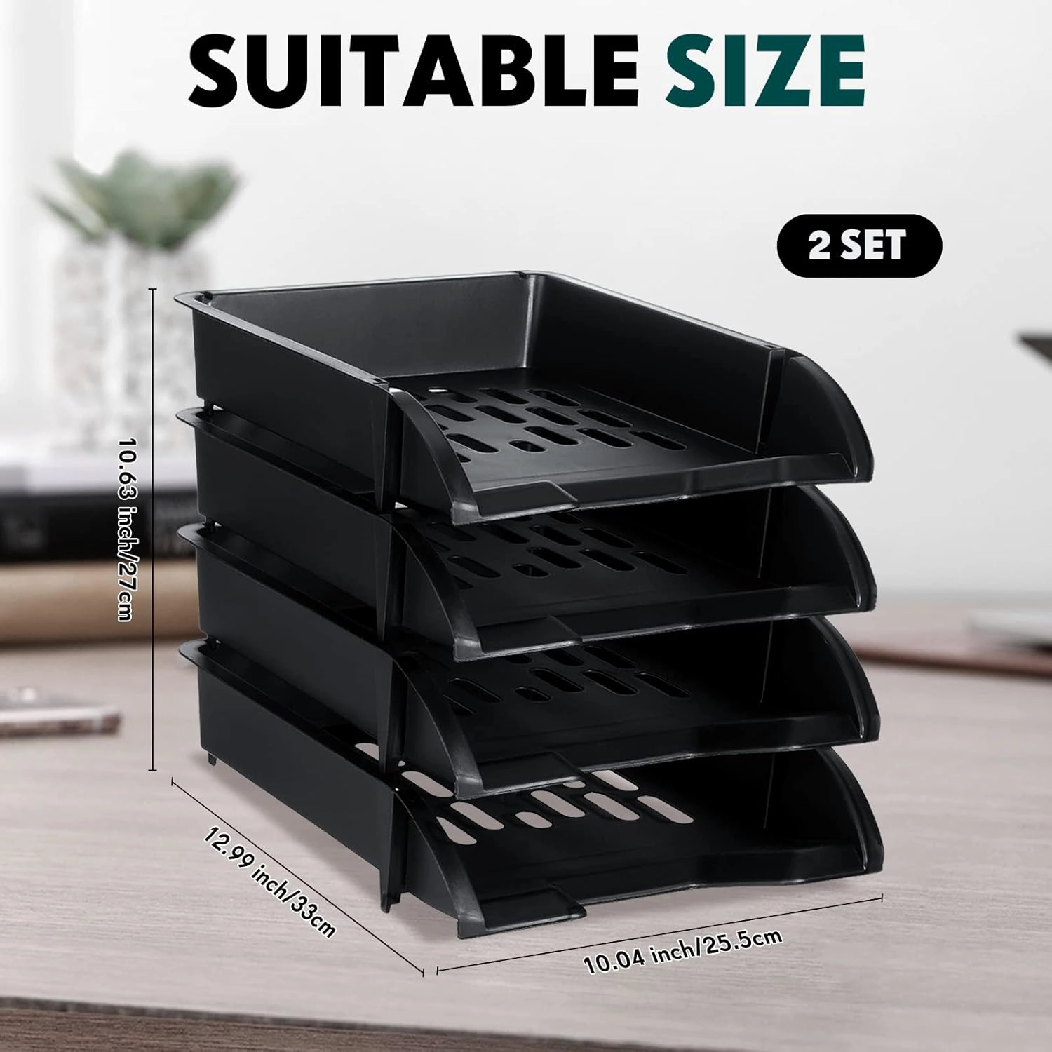 Fainne 8 Pcs Stackable Paper Trays Organizer for Desk 8 Layer Stackable Letter Trays Plastic File Organizer Tray and Stacking Supports for File Storage, 13 x 10 x 2.76'' (Black)