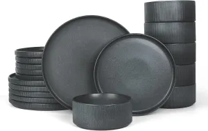 Famiware Star Plates and Bowls Sets, Modern Stoneware Dinnerware Sets for 6, 18-Piece Kitchen Dish Sets - Chip and Scratch Resistant, Microwave and Dishwasher Safe Tableware Set, Matte Dark Charcoal