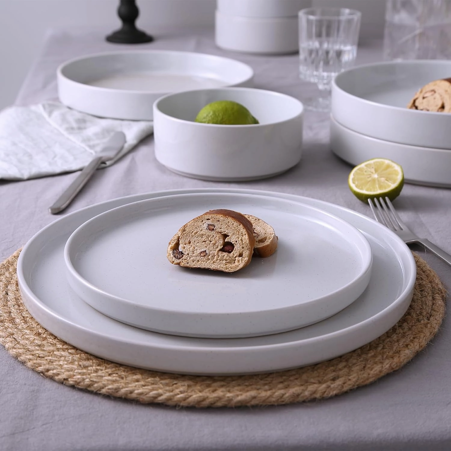 Famiware Nebula Plates and Bowls Set, 12 Pieces Dinnerware Sets, Dishes Set for 4, Light Gray