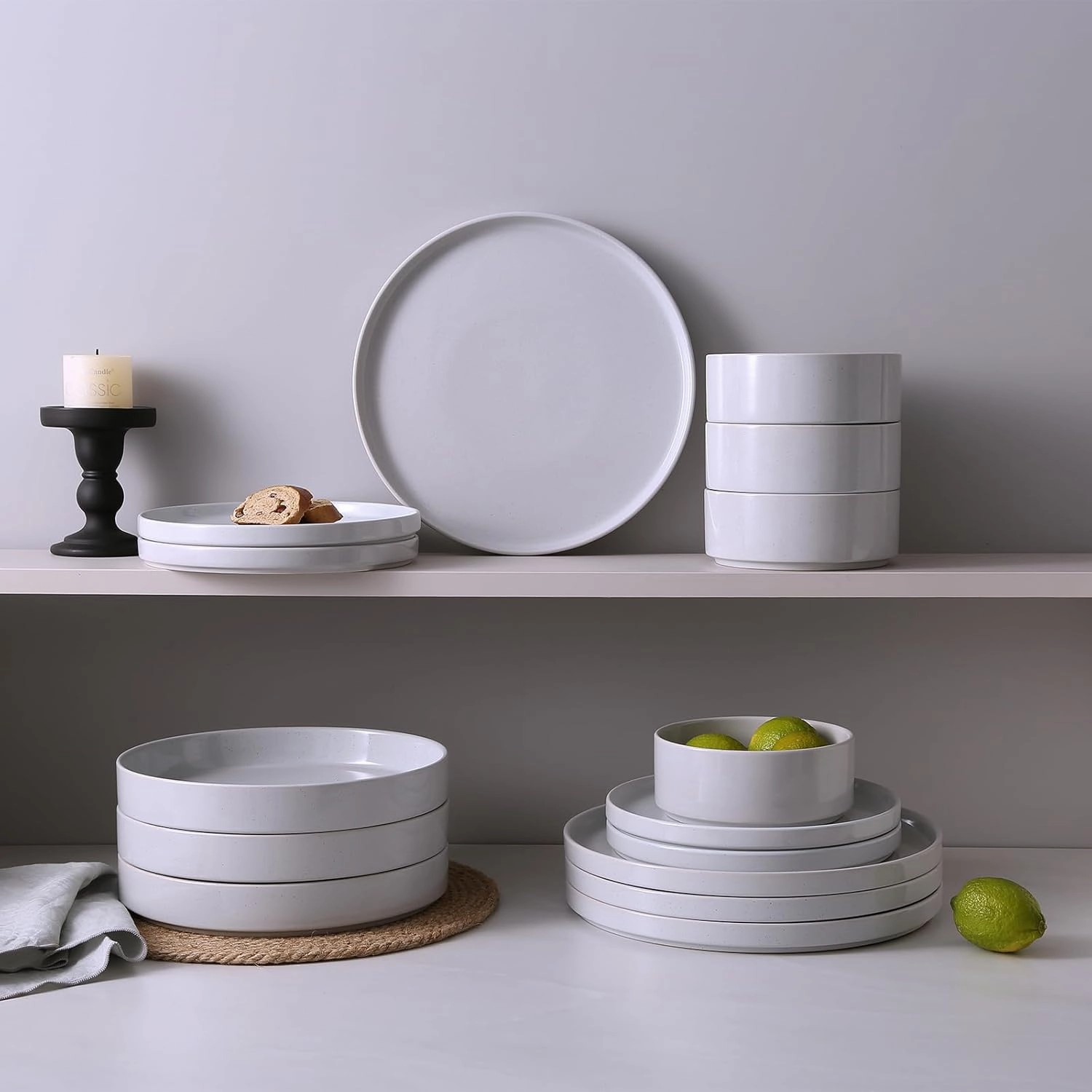 Famiware Nebula Plates and Bowls Set, 12 Pieces Dinnerware Sets, Dishes Set for 4, Light Gray