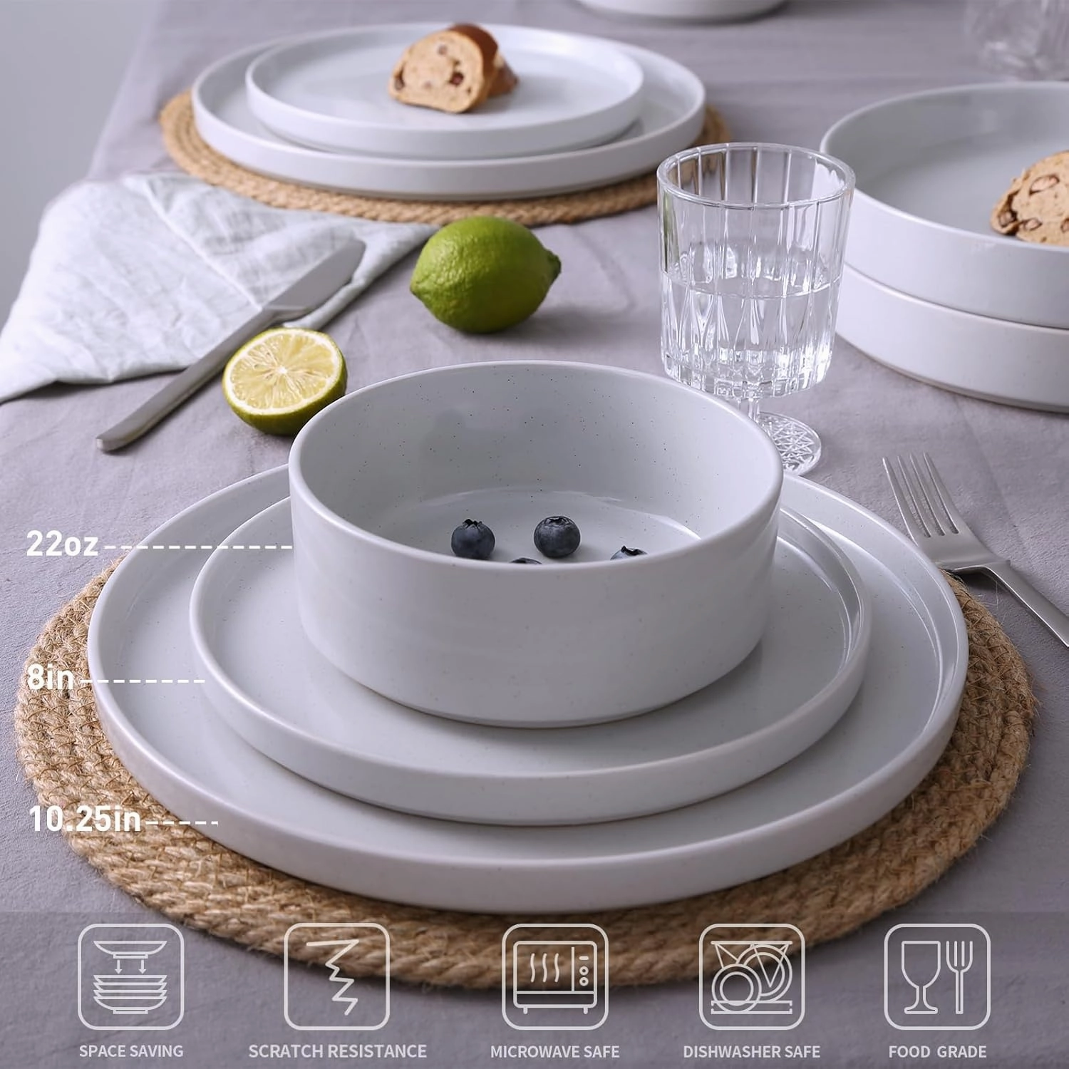 Famiware Nebula Plates and Bowls Set, 12 Pieces Dinnerware Sets, Dishes Set for 4, Light Gray