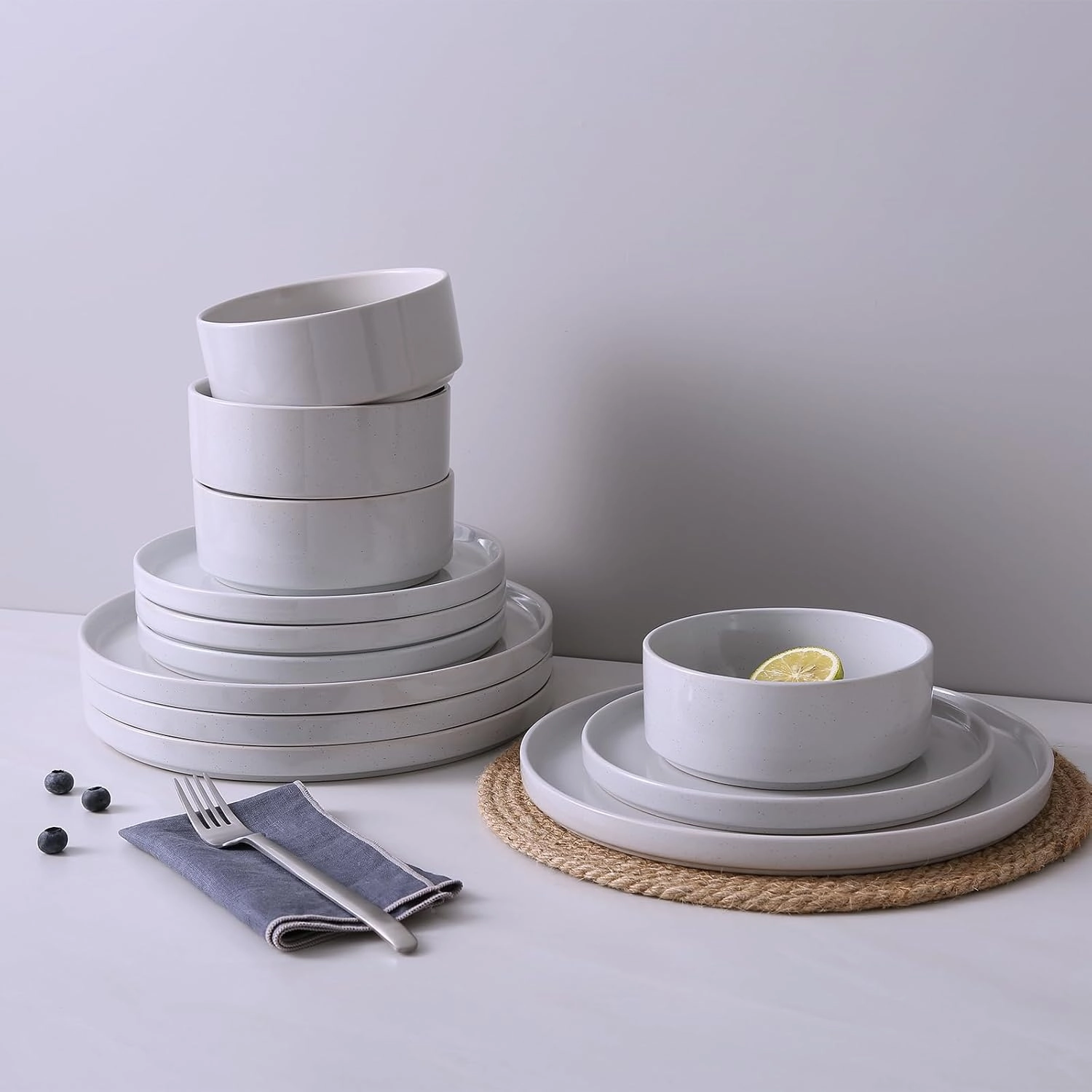 Famiware Nebula Plates and Bowls Set, 12 Pieces Dinnerware Sets, Dishes Set for 4, Light Gray
