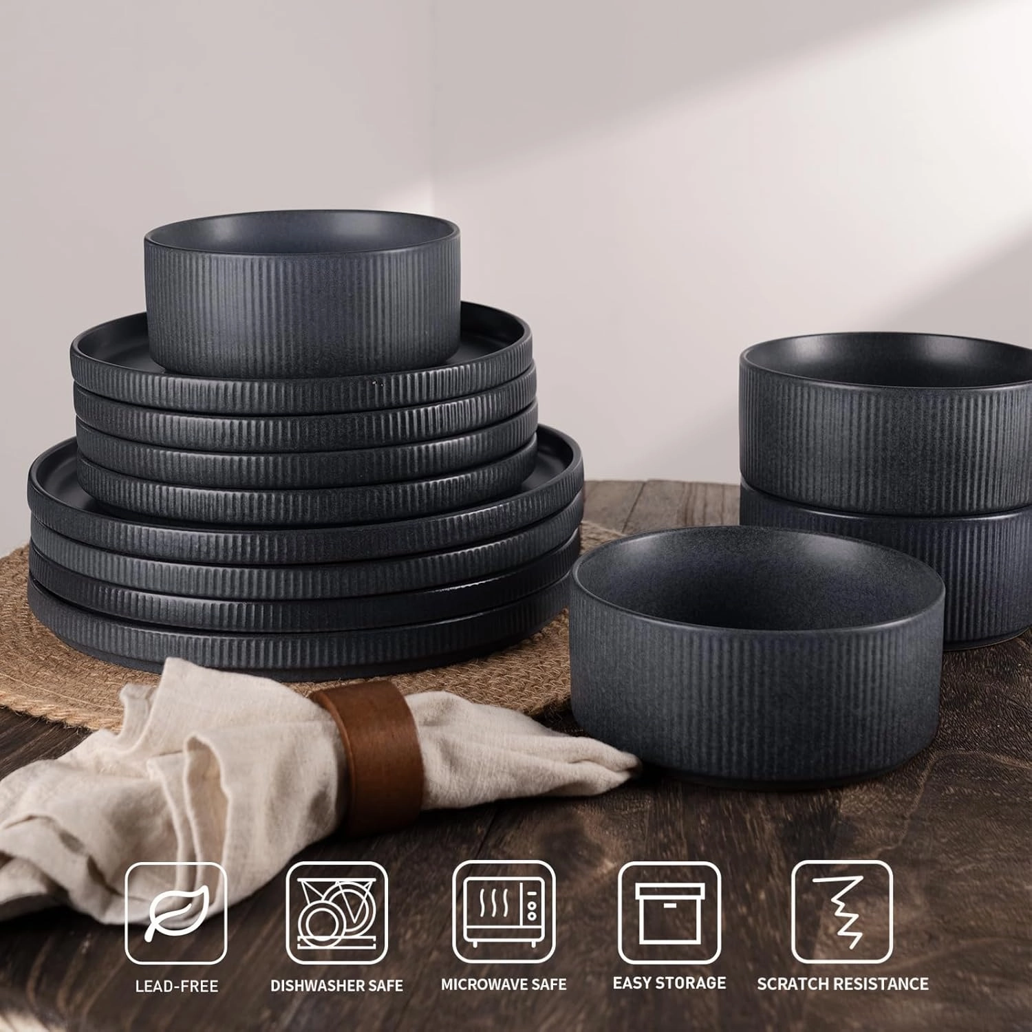 Famiware Star Dinner Plates for 6, 10 inches Plate Set, Scratch Resistant, Stoneware Dinnerware, Kitchen Modern Rustic Serving Dishes, Matte Dark Charcoal (Full Glaze)