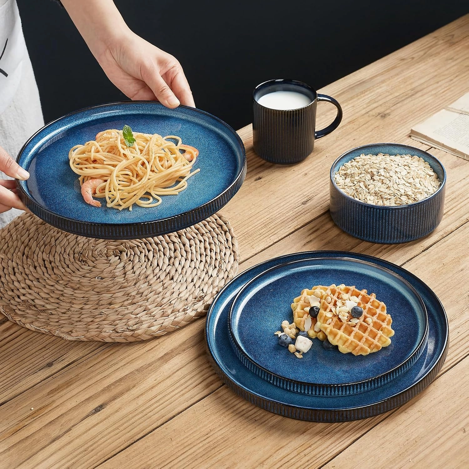 famiware Star Dinner Plates for 6, 10 inches Plate Set, Scratch Resistant, Stoneware Dinnerware, Kitchen Modern Rustic Serving Dishes, Nebulas Blue