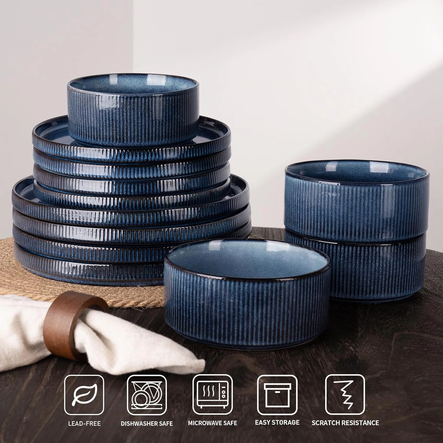 famiware Star Dinner Plates for 6, 10 inches Plate Set, Scratch Resistant, Stoneware Dinnerware, Kitchen Modern Rustic Serving Dishes, Nebulas Blue