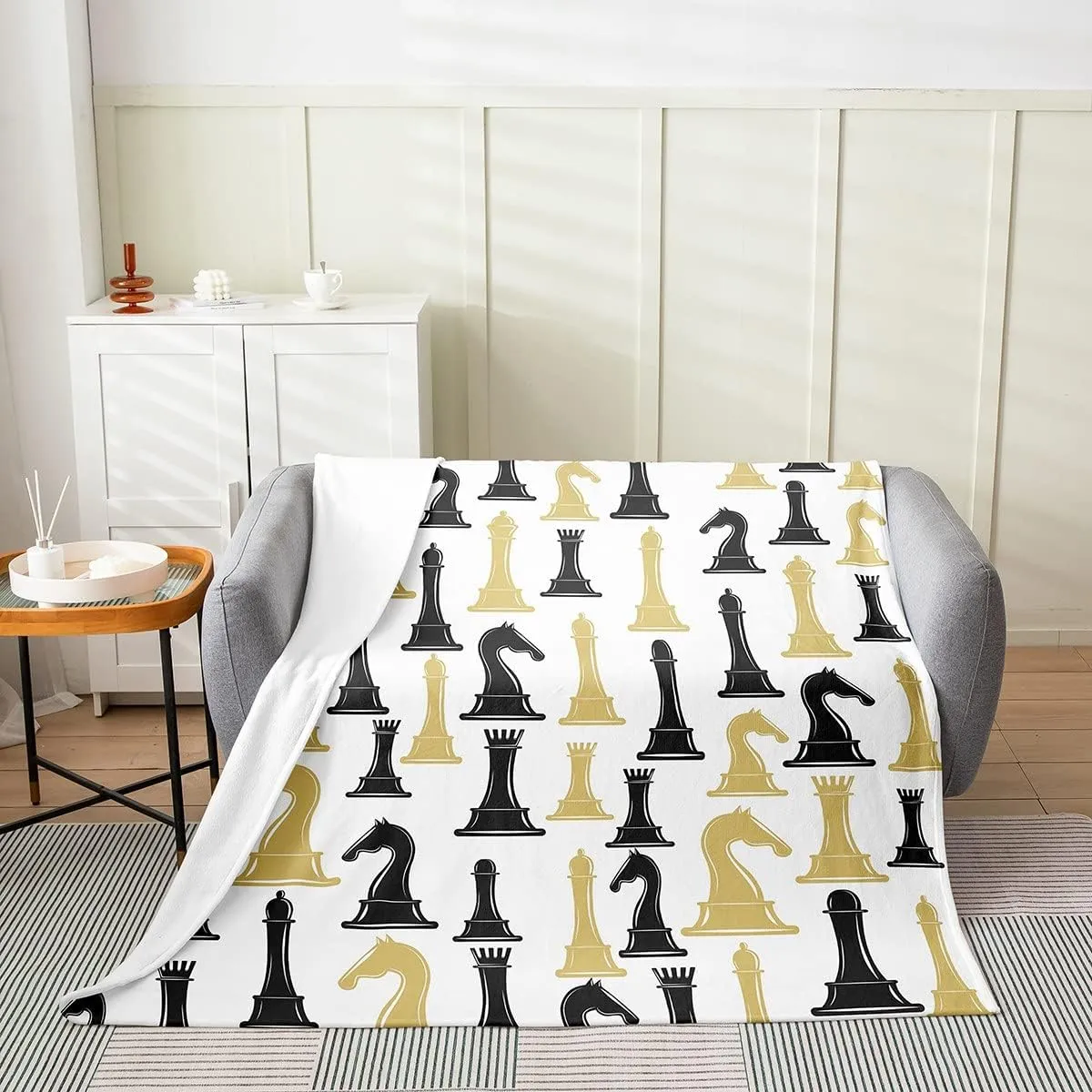 Feelyou Golden International Chess All Season,Bed Blanket Set Chess Board Game Plush Throw Blanket, for Sofa Couch Kids Checkerboard Flannel Fleece Blanket Chess Lovers Black Base Twin 60"x80"