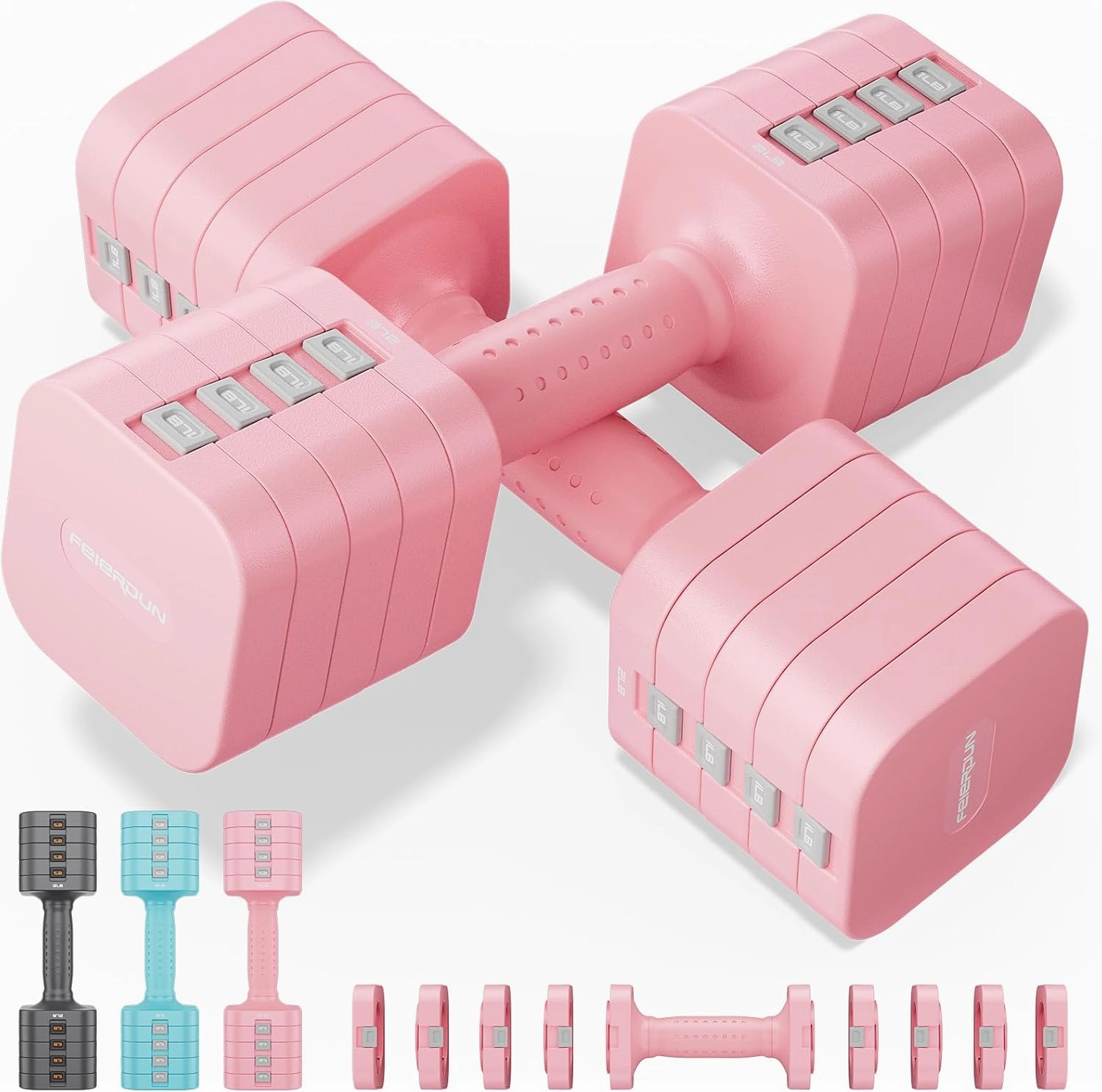FEIERDUN Adjustable Dumbbell Set of 2, Each 2/4/6/8/10 lbs Weight for Women, Quick Adjust Weight, Double Locking Protection, Versatile Hand Weights for Home Gym & Outdoor Exercise