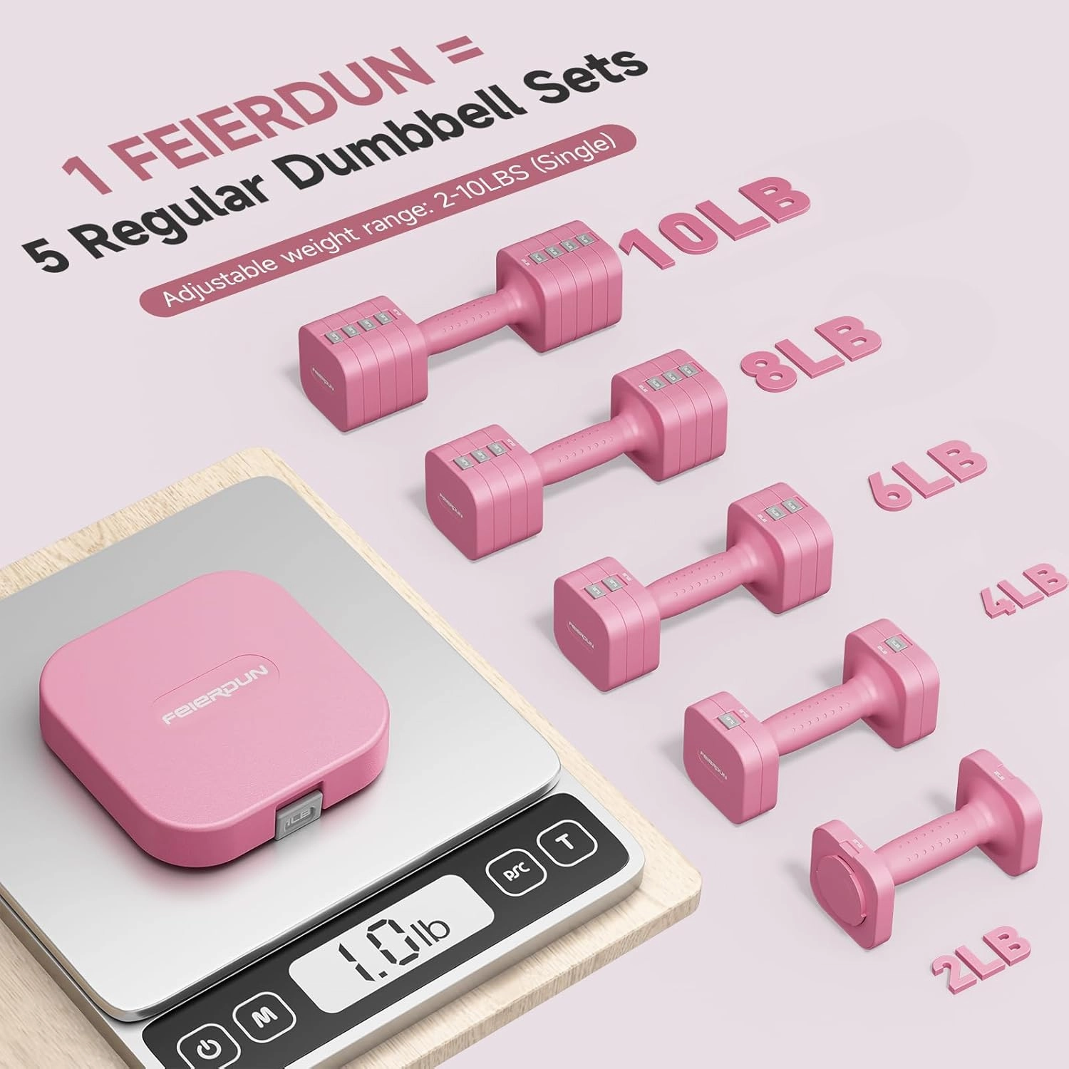 FEIERDUN Adjustable Dumbbell Set of 2, Each 2/4/6/8/10 lbs Weight for Women, Quick Adjust Weight, Double Locking Protection, Versatile Hand Weights for Home Gym & Outdoor Exercise