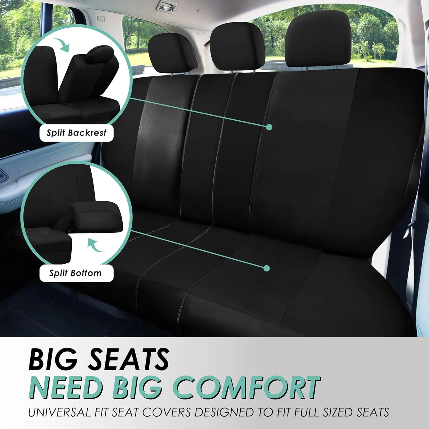 FH Group Full Set Cloth Car Seat Covers, Universal Fit Front and Split Bench Rear, Airbag Compatible, Washable for SUV, Sedan, Van - Black