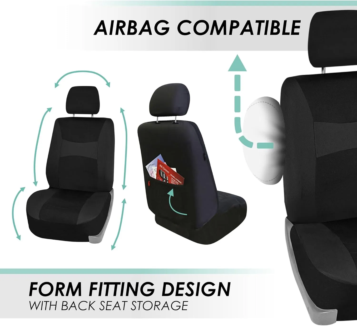 FH Group Full Set Cloth Car Seat Covers, Universal Fit Front and Split Bench Rear, Airbag Compatible, Washable for SUV, Sedan, Van - Black