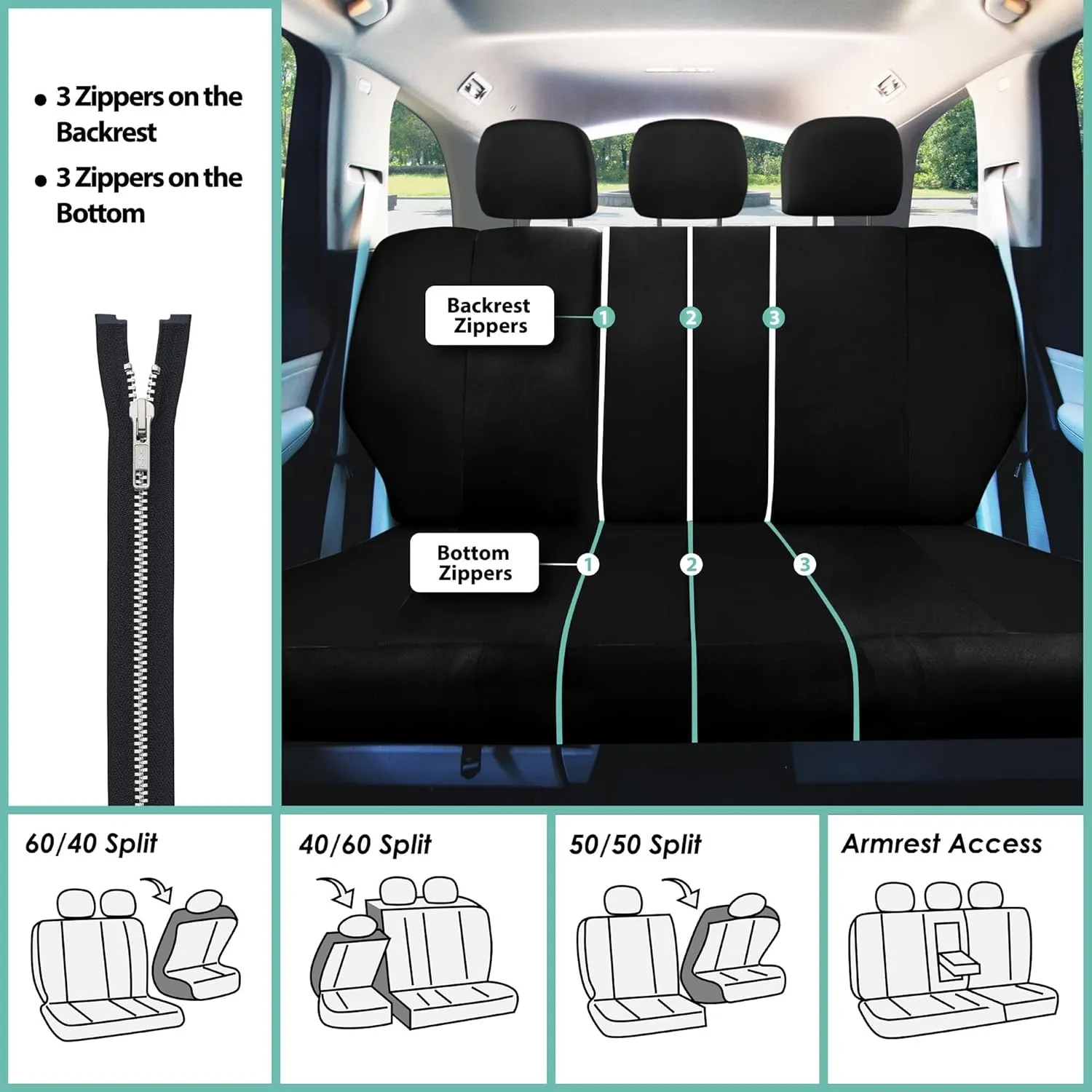 FH Group Full Set Cloth Car Seat Covers, Universal Fit Front and Split Bench Rear, Airbag Compatible, Washable for SUV, Sedan, Van - Black