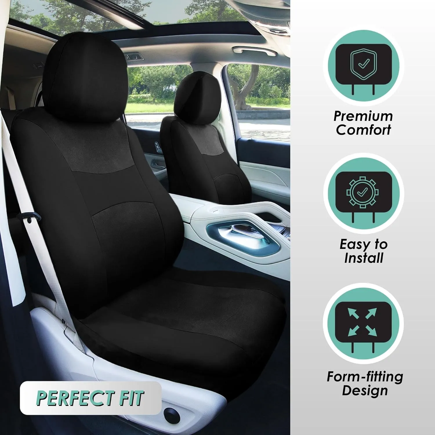 FH Group Full Set Cloth Car Seat Covers, Universal Fit Front and Split Bench Rear, Airbag Compatible, Washable for SUV, Sedan, Van - Black