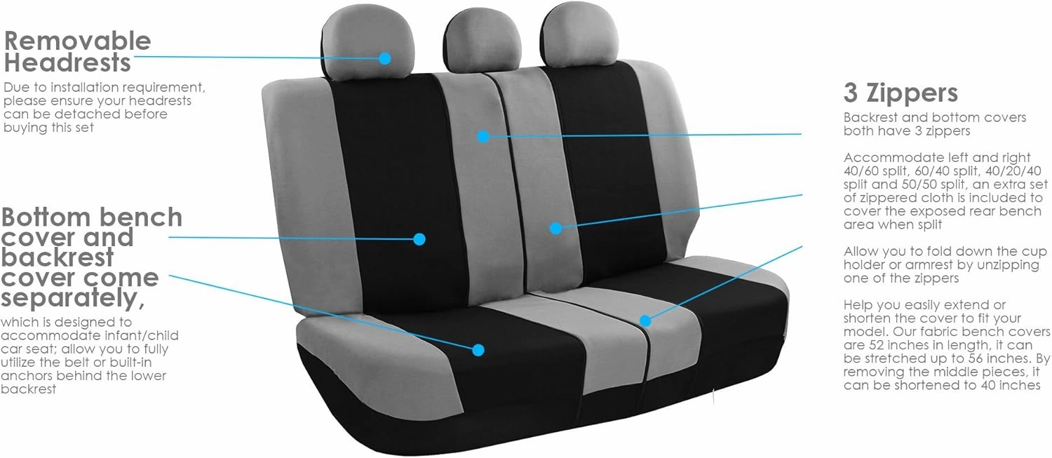 FH Group Car Seat Cover Light Breezy Gray Seat Cover Flat Foam Padding Cloth Full Set Automotive Seat Covers,Airbag Compatible & Split Rear Universal Fit Interior Accessories for Cars Trucks and SUV