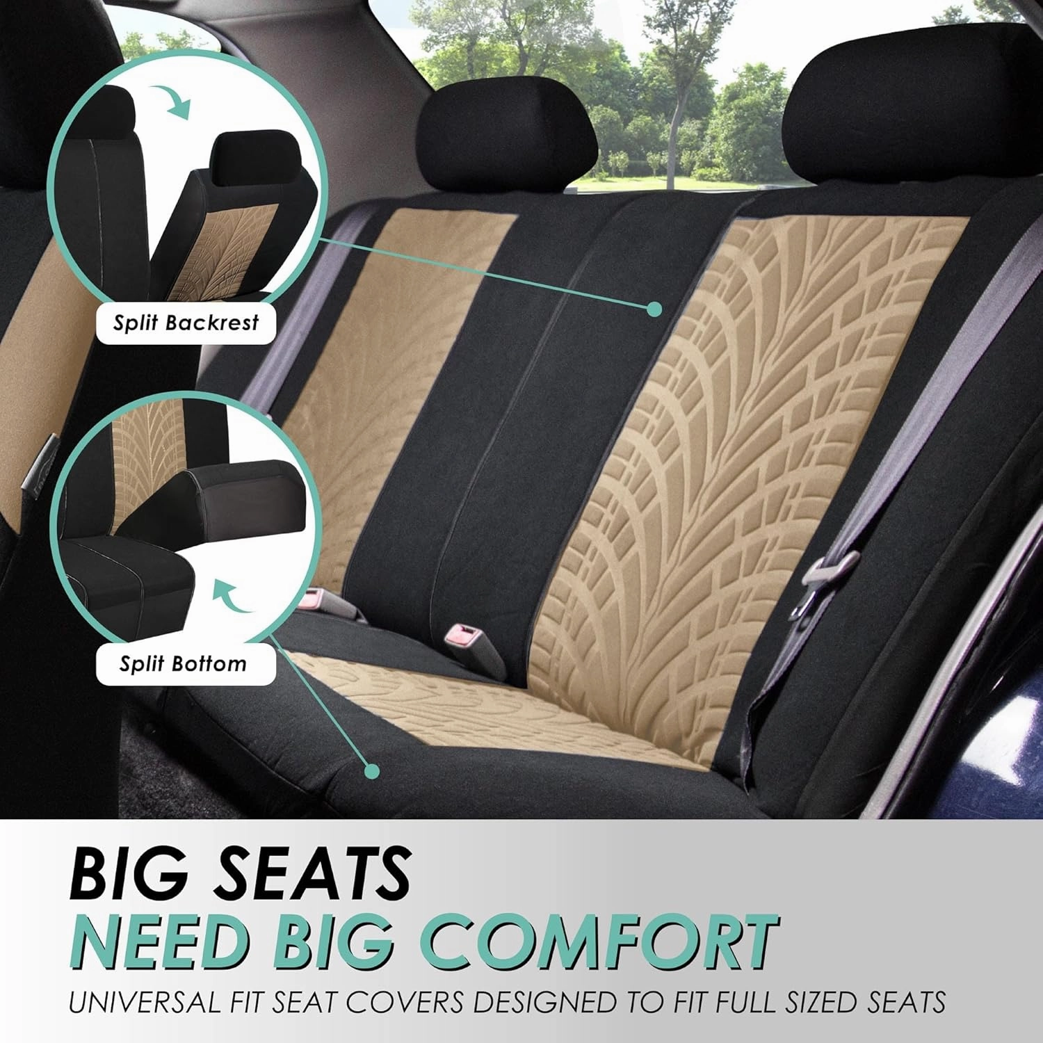 FH Group Car Seat Covers Full Set Premium Cloth - Universal Fit, Automotive, Low Back Front Washable Seat Covers, Airbag Compatible, Split Bench Rear Seat for SUV, Sedan Beige
