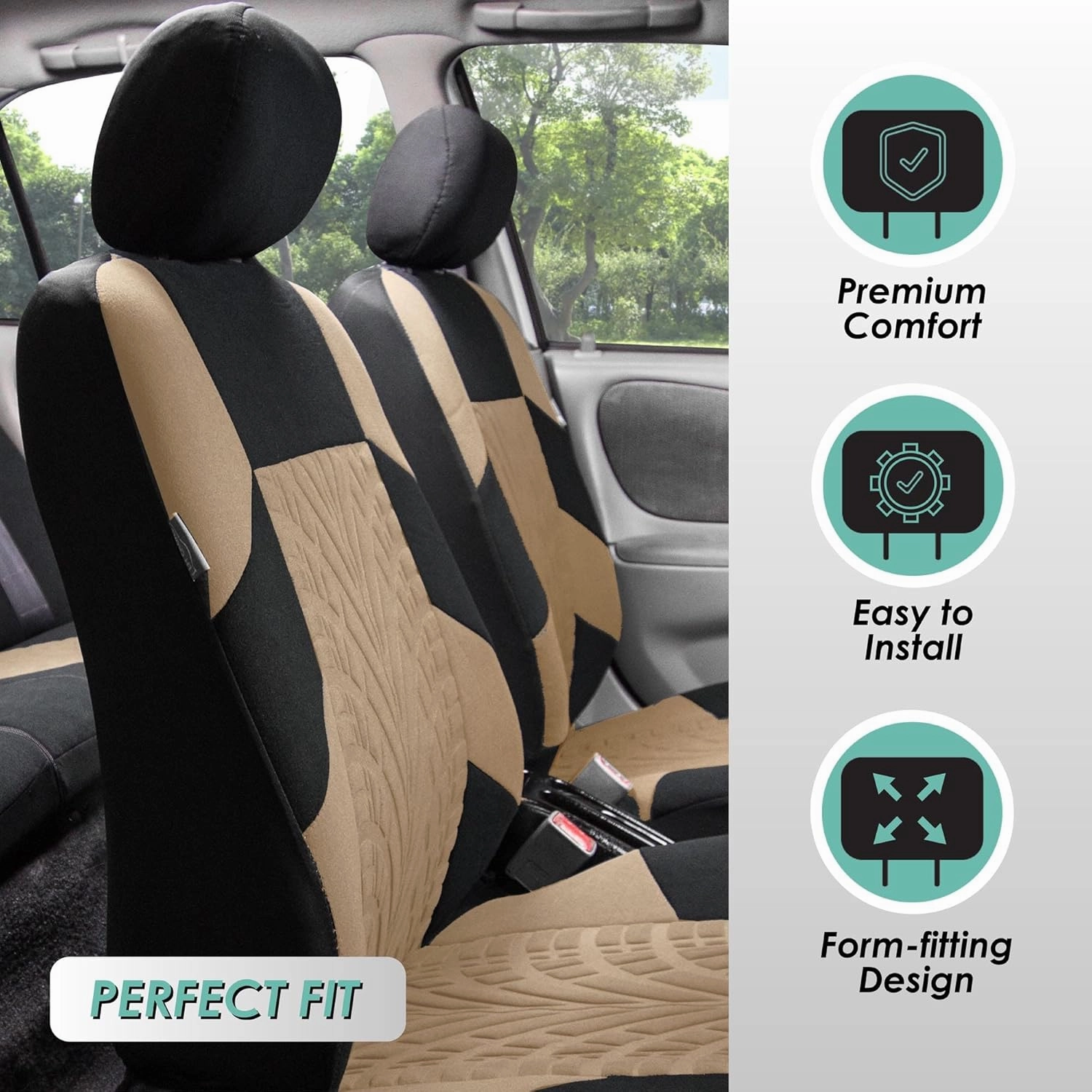 FH Group Car Seat Covers Full Set Premium Cloth - Universal Fit, Automotive, Low Back Front Washable Seat Covers, Airbag Compatible, Split Bench Rear Seat for SUV, Sedan Beige