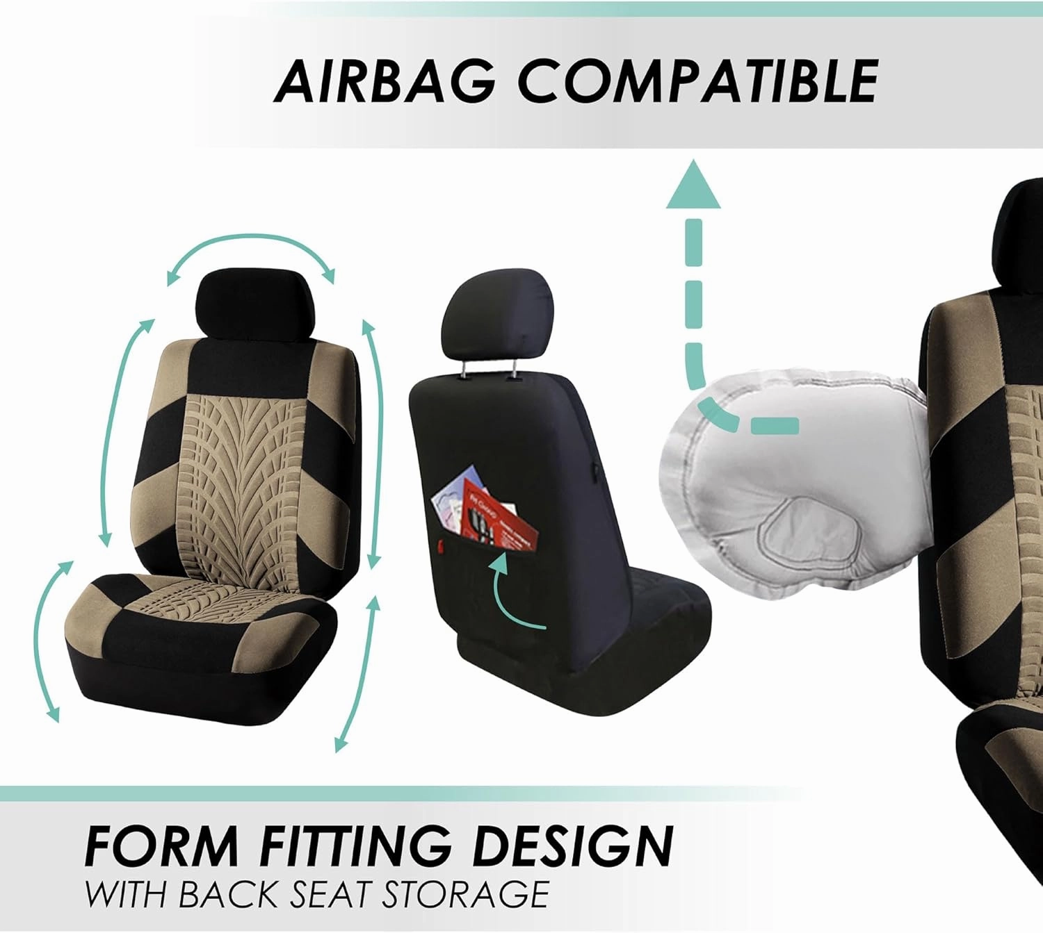 FH Group Car Seat Covers Full Set Premium Cloth - Universal Fit, Automotive, Low Back Front Washable Seat Covers, Airbag Compatible, Split Bench Rear Seat for SUV, Sedan Beige