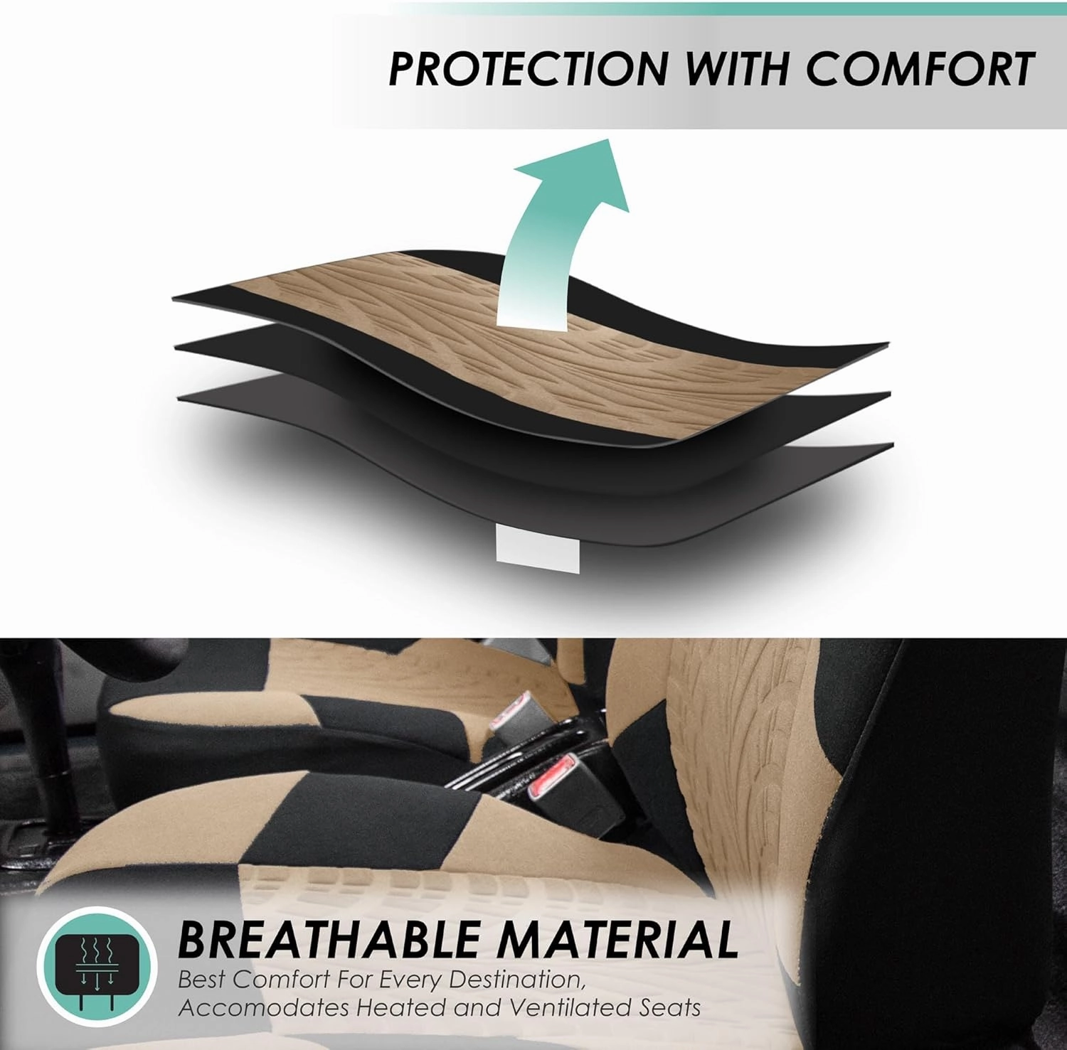 FH Group Car Seat Covers Full Set Premium Cloth - Universal Fit, Automotive, Low Back Front Washable Seat Covers, Airbag Compatible, Split Bench Rear Seat for SUV, Sedan Beige