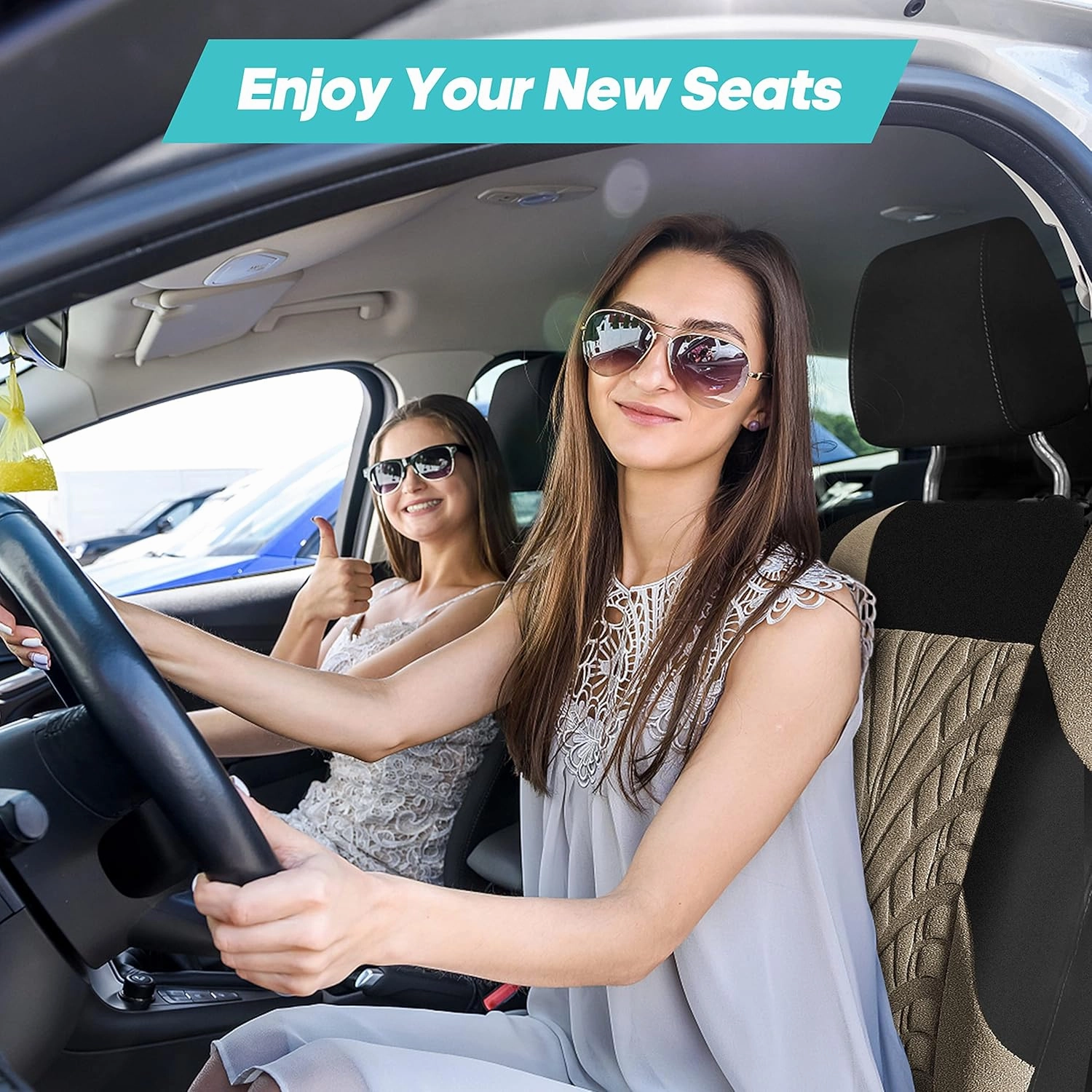 FH Group Car Seat Covers Full Set Premium Cloth - Universal Fit, Automotive, Low Back Front Washable Seat Covers, Airbag Compatible, Split Bench Rear Seat for SUV, Sedan Beige