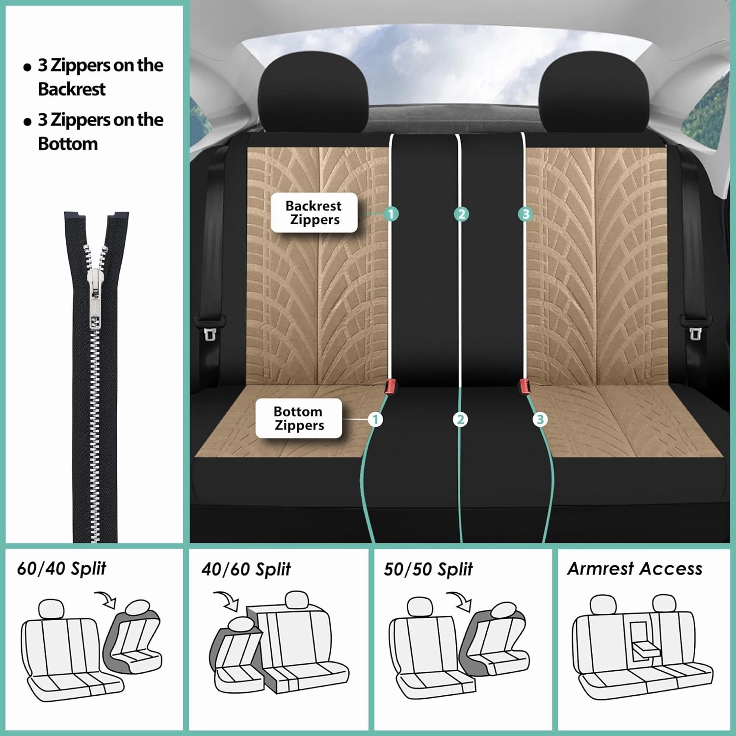 FH Group Car Seat Covers Full Set Premium Cloth - Universal Fit, Automotive, Low Back Front Washable Seat Covers, Airbag Compatible, Split Bench Rear Seat for SUV, Sedan Beige