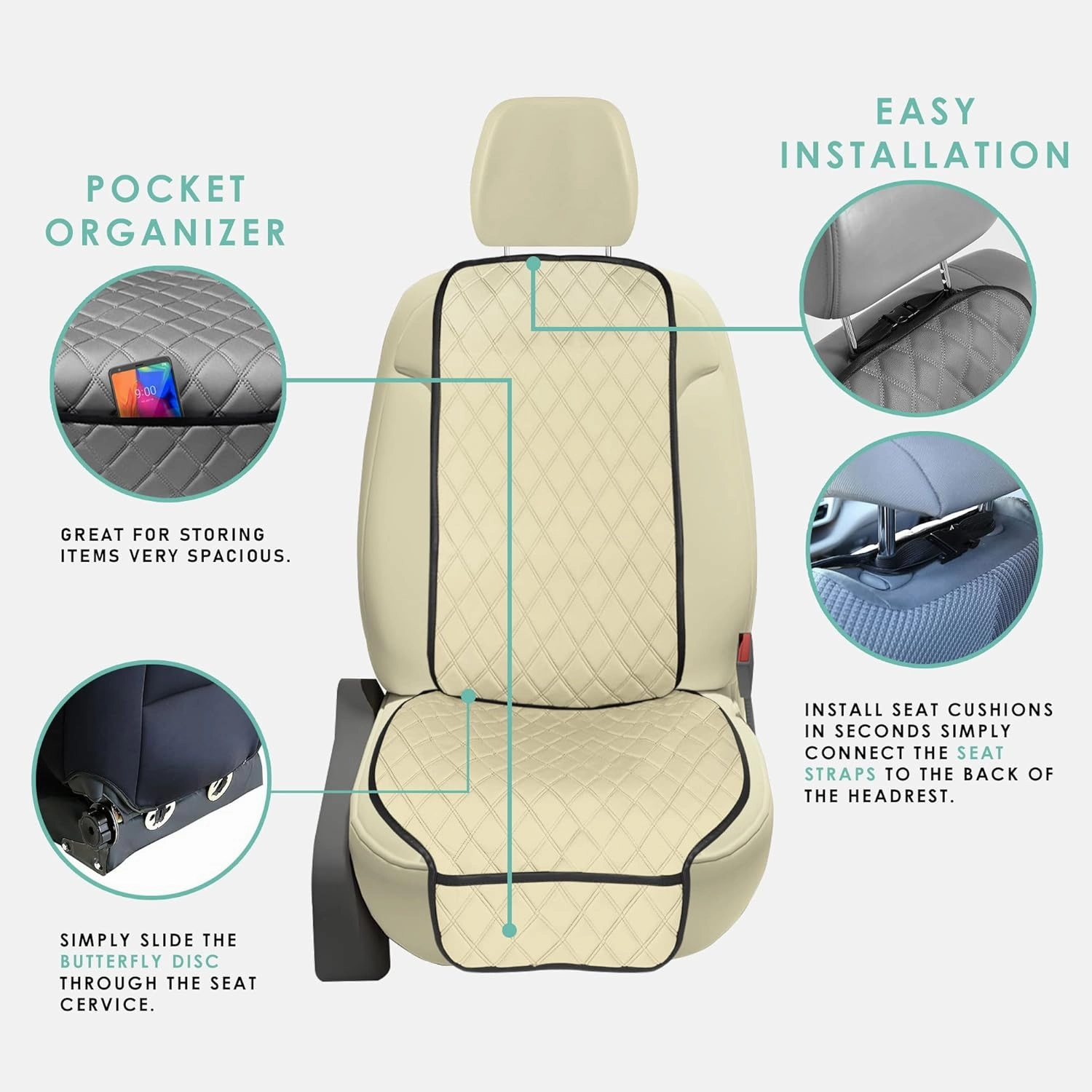 FH Group Car Seat Cushion Front Set Neosupreme Automotive Seat Cushions - Universal Fit, Car Seat Cushion With Front Pockets, Airbag Compatible Car Seat Cushions for SUV, Sedan, Van Beige