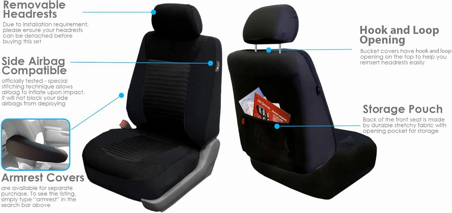 FH Group Front Set 3D Air Mesh Car Seat Covers for Low Back Car Seats with Removable Headrest, Universal Fit, Airbag Compatible Seat Cover for SUV, Sedan Black