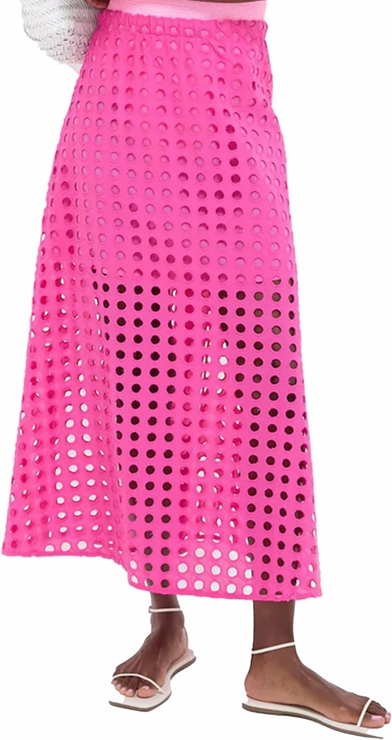 Fiona Jolin 2025 Women Summer Casual Eyelet Bohemian Maxi Skirt Beach Long Skirt with Mini Underneath