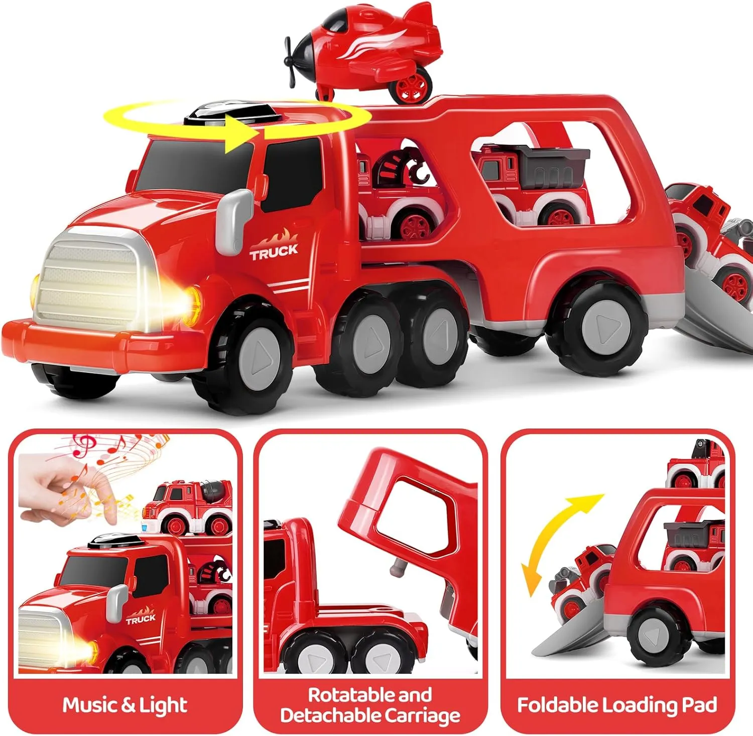 Fire Truck Toy Cars - Boy Toys for 3-5 Year Old Toddlers, 8 in 1 Carrier Truck with Pull-Back Toy Cars and Planes, Christmas Birthday Gifts for 3 4 5 6 7 Years Old Kids (Red)