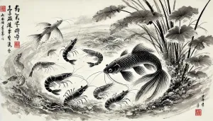 Fish and Shrimp Works in Chinese Ink Painting Style Theme Wooden Puzzle for Home Decor DIY Fun Game Family Educational Games Toys Gifts Wooden Puzzle 1000 Pieces