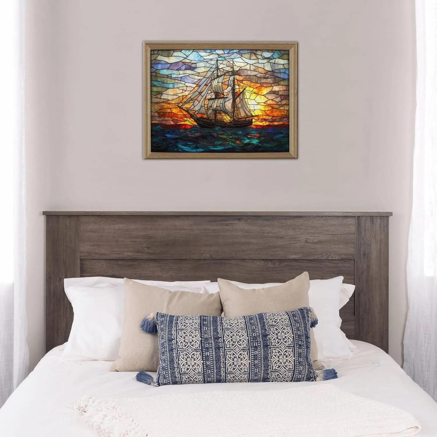 Fishing Boat at Sunrise, 500-Piece Wooden Jigsaw Puzzles, Stained Glass Style Design, Adult Entertainment Game, Exercise Hands-On Ability, Complete with Family During Holidays