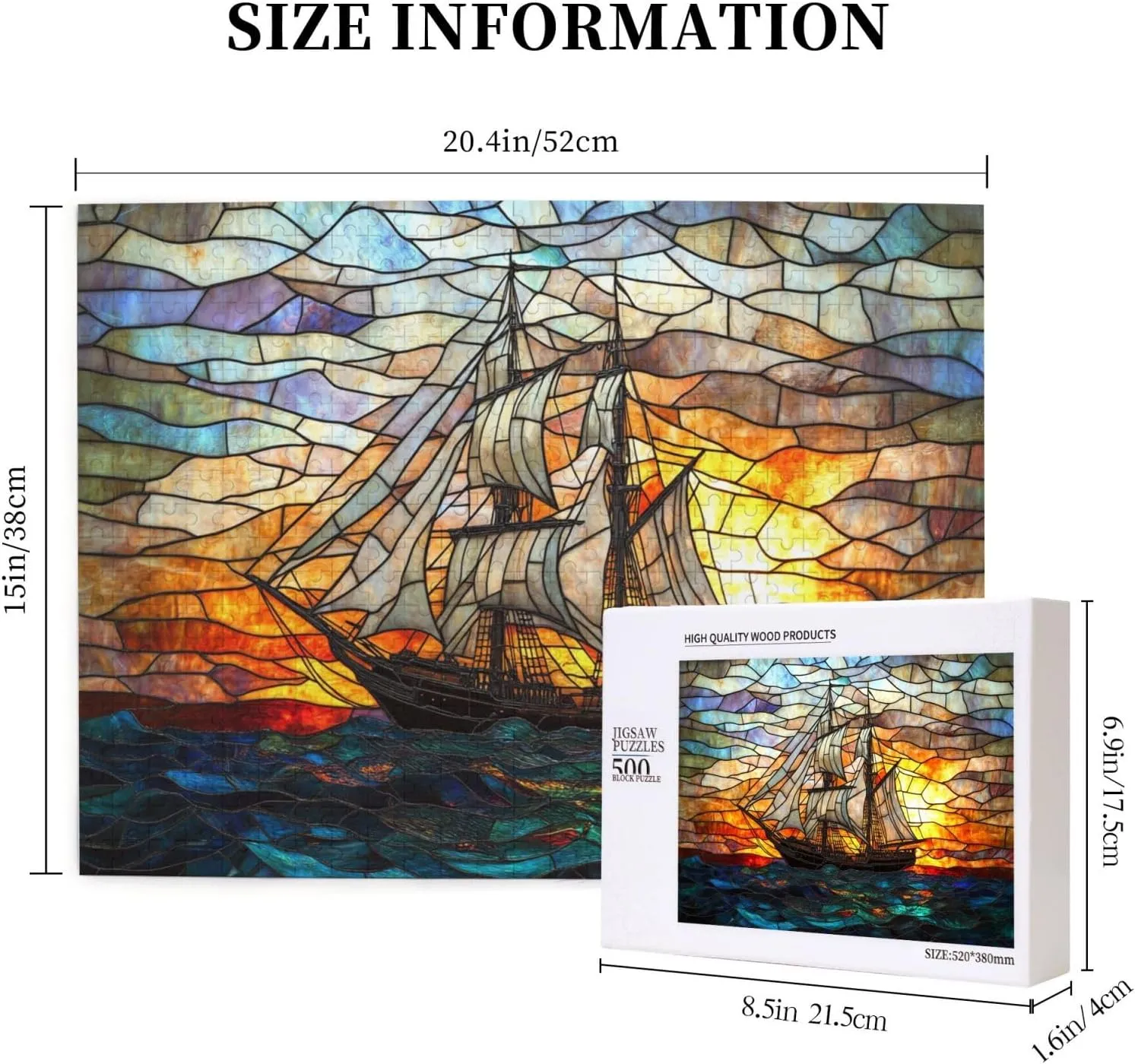 Fishing Boat at Sunrise, 500-Piece Wooden Jigsaw Puzzles, Stained Glass Style Design, Adult Entertainment Game, Exercise Hands-On Ability, Complete with Family During Holidays
