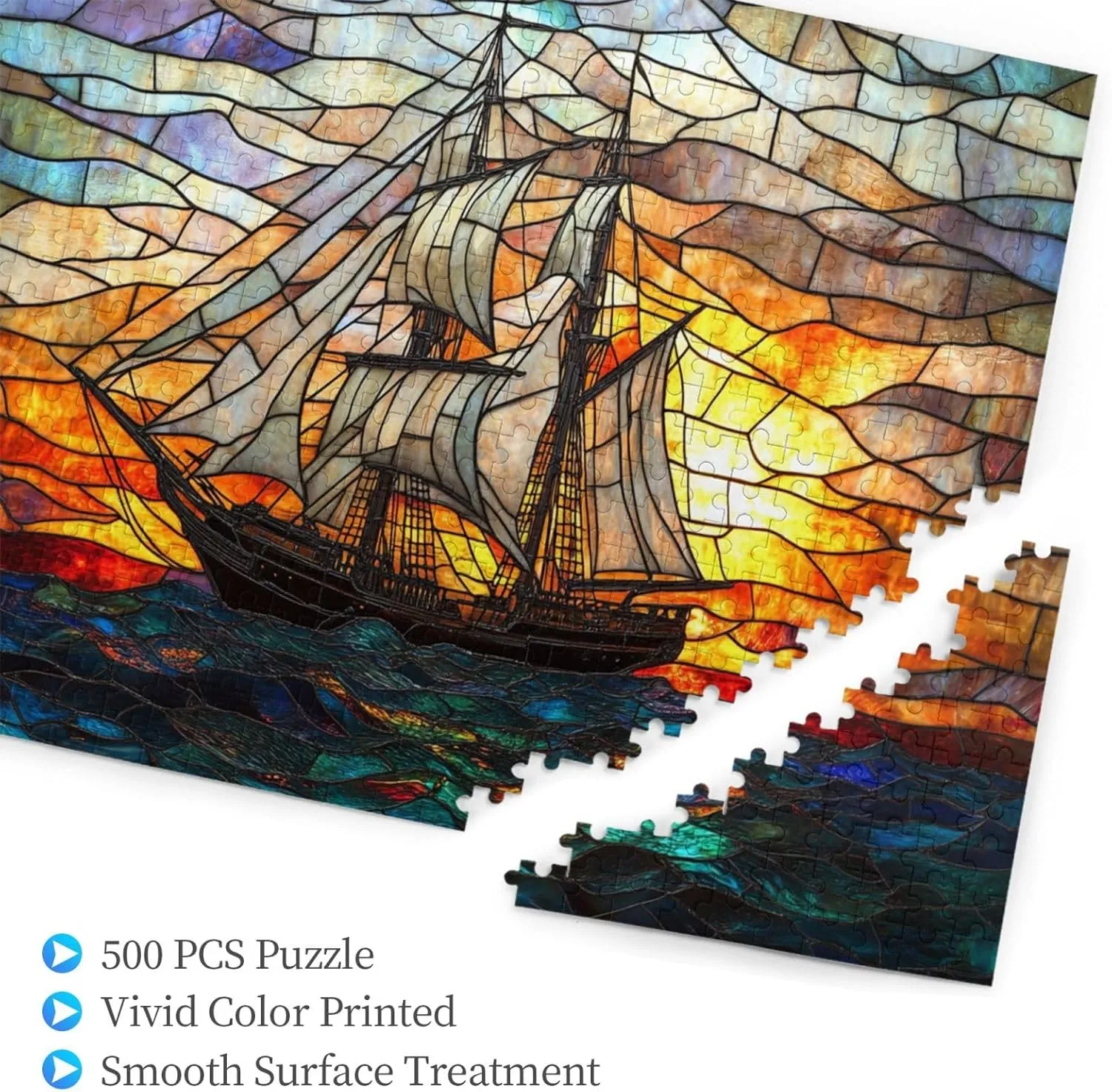 Fishing Boat at Sunrise, 500-Piece Wooden Jigsaw Puzzles, Stained Glass Style Design, Adult Entertainment Game, Exercise Hands-On Ability, Complete with Family During Holidays