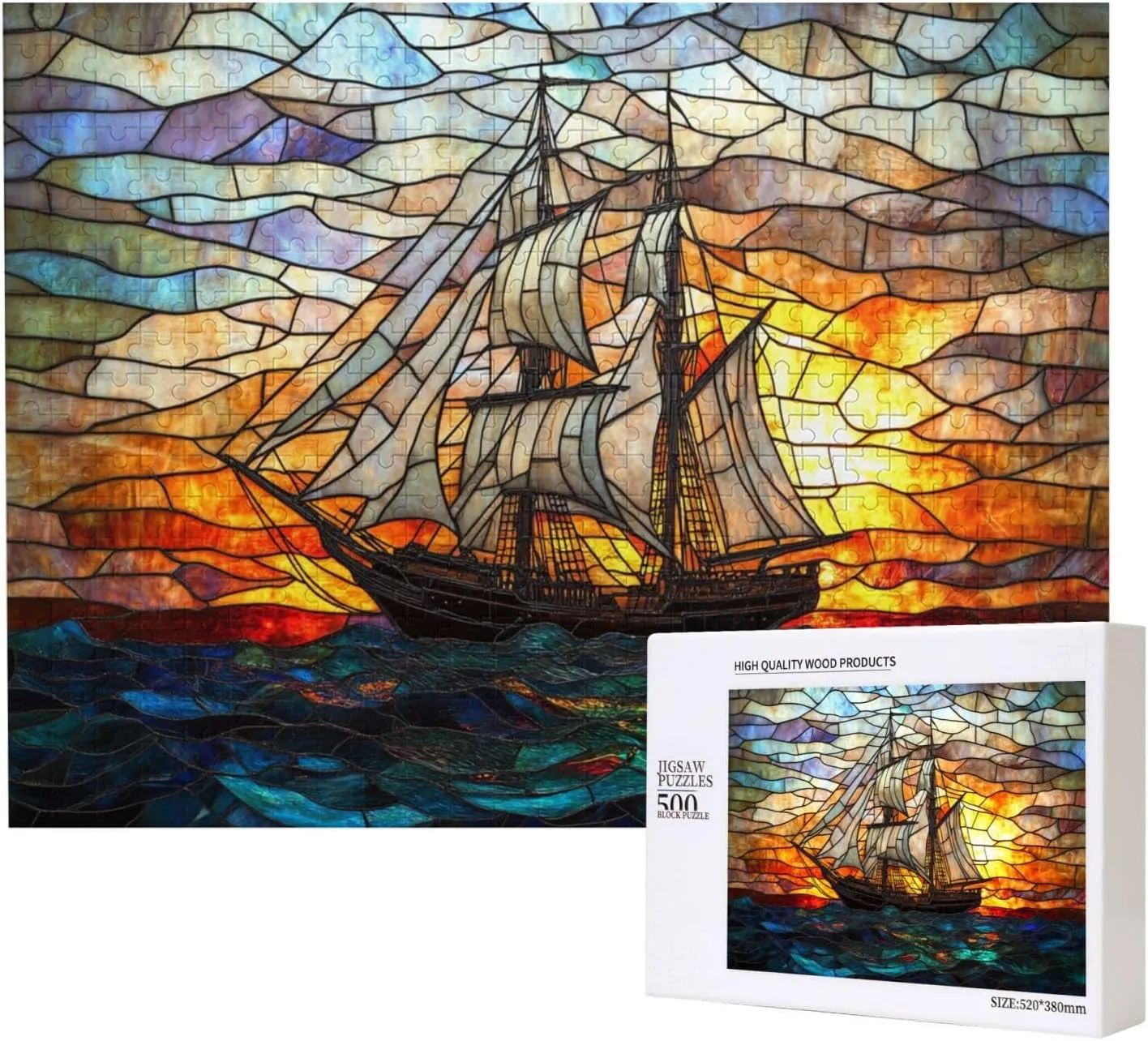 Fishing Boat at Sunrise, 500-Piece Wooden Jigsaw Puzzles, Stained Glass Style Design, Adult Entertainment Game, Exercise Hands-On Ability, Complete with Family During Holidays