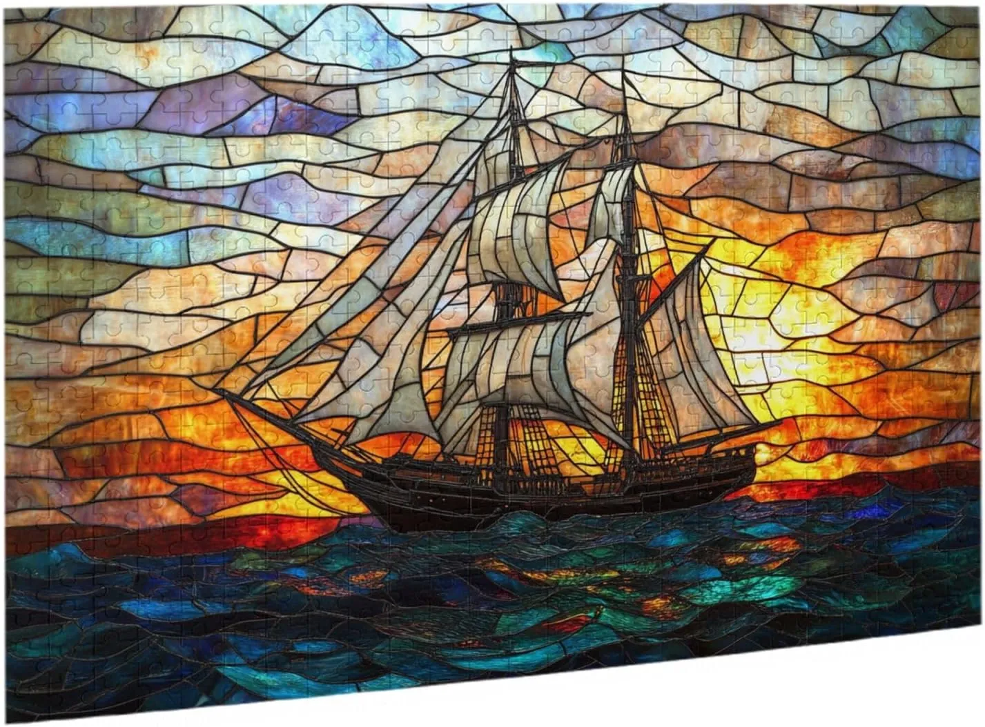 Fishing Boat at Sunrise, 500-Piece Wooden Jigsaw Puzzles, Stained Glass Style Design, Adult Entertainment Game, Exercise Hands-On Ability, Complete with Family During Holidays