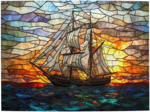 Fishing Boat at Sunrise, 500-Piece Wooden Jigsaw Puzzles, Stained Glass Style Design, Adult Entertainment Game, Exercise Hands-On Ability, Complete with Family During Holidays