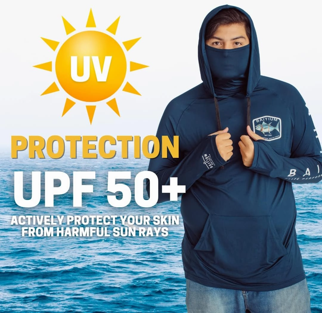 Fishing Shirts for Men,UPF50 Hooded Long Sleeve with Gaiter, Sun Protection Dry Fit Apparel, Face Mask, Fishing Clothes