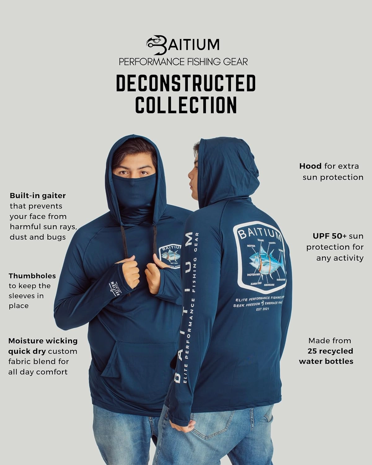 Fishing Shirts for Men,UPF50 Hooded Long Sleeve with Gaiter, Sun Protection Dry Fit Apparel, Face Mask, Fishing Clothes